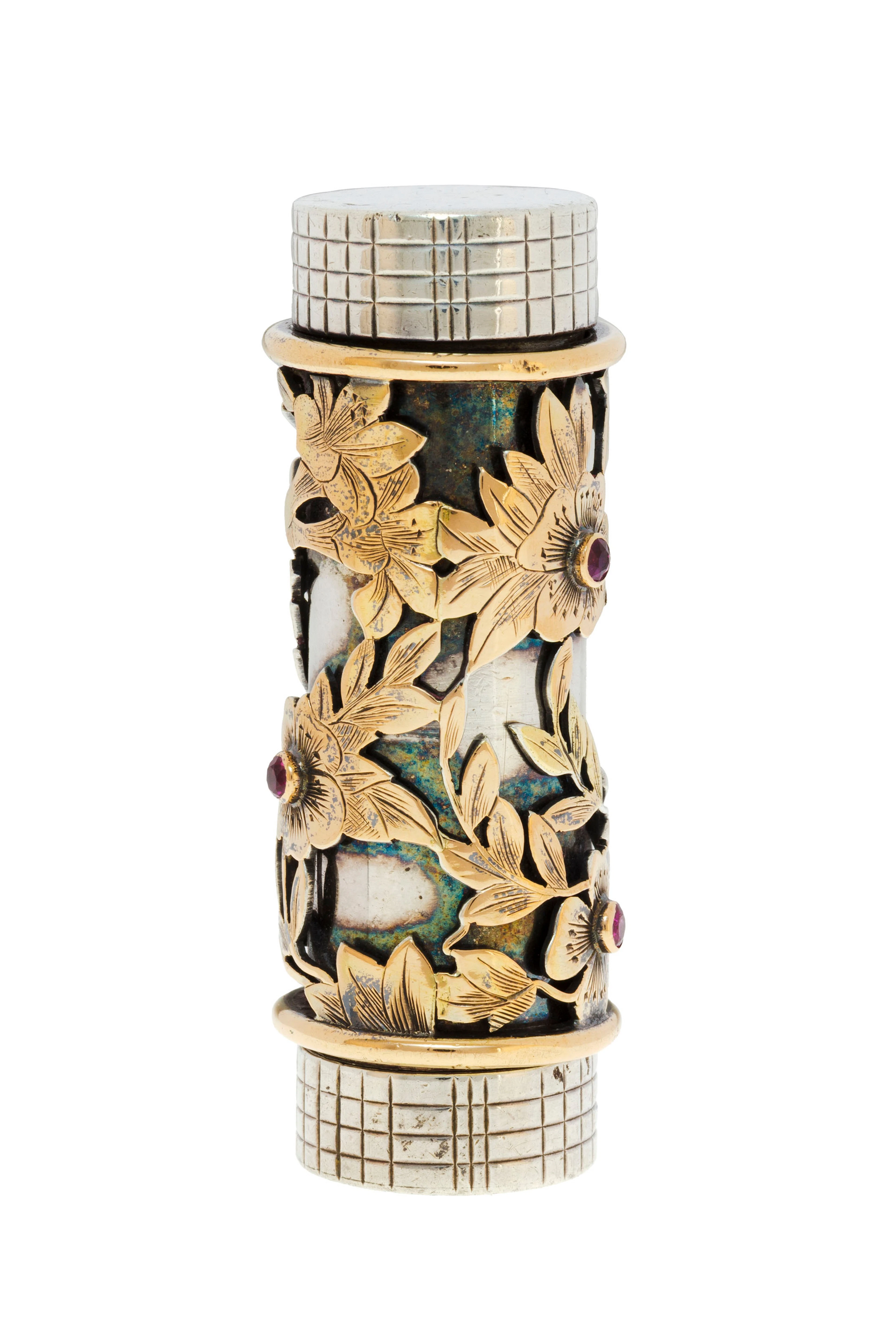 Boucheron, étui à rouge à lèvres argent et or ajourés à décor végétal