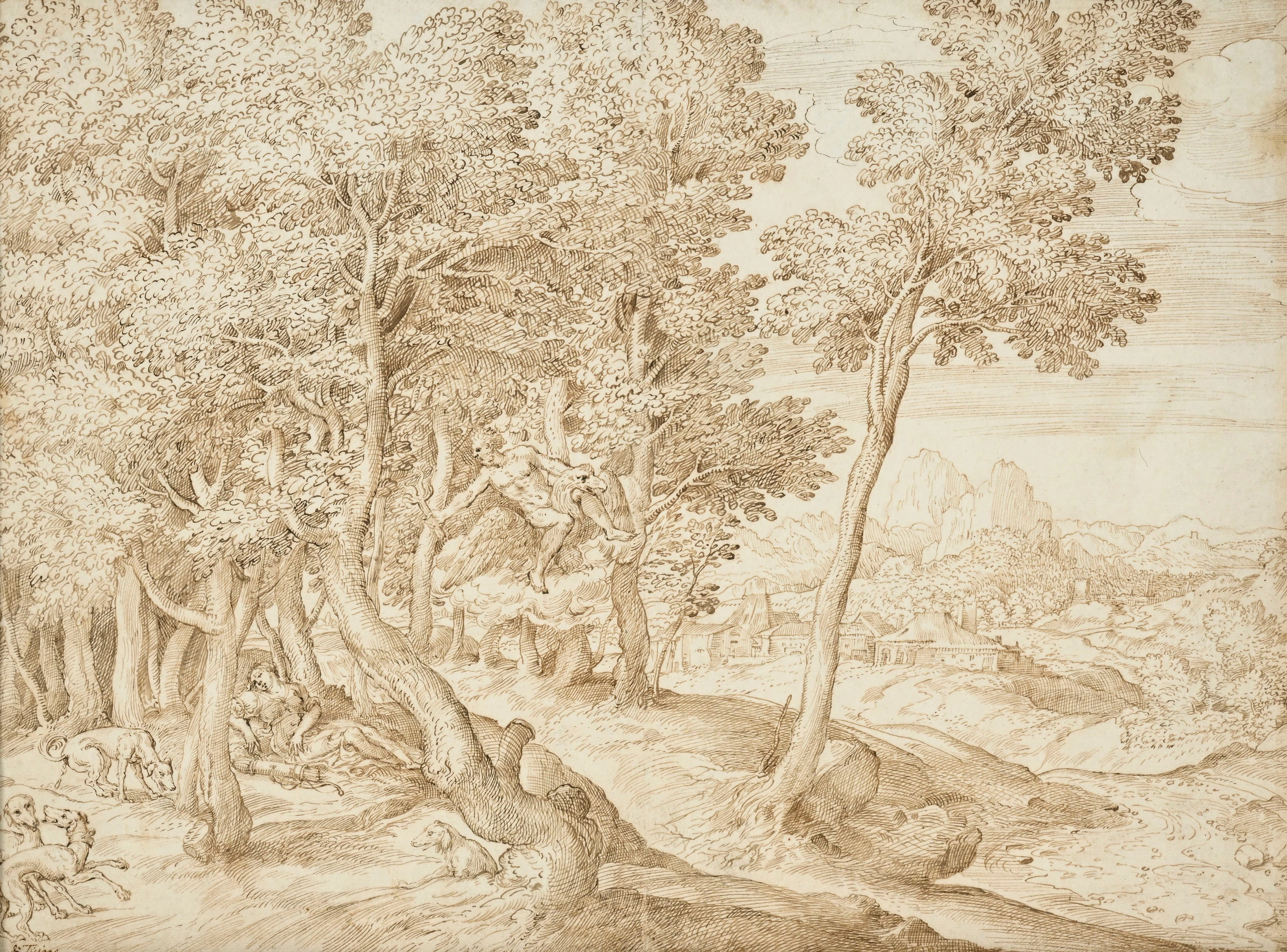 Domenico Campagnola (1500-1564), Paysage avec Jupiter repérant Callisto