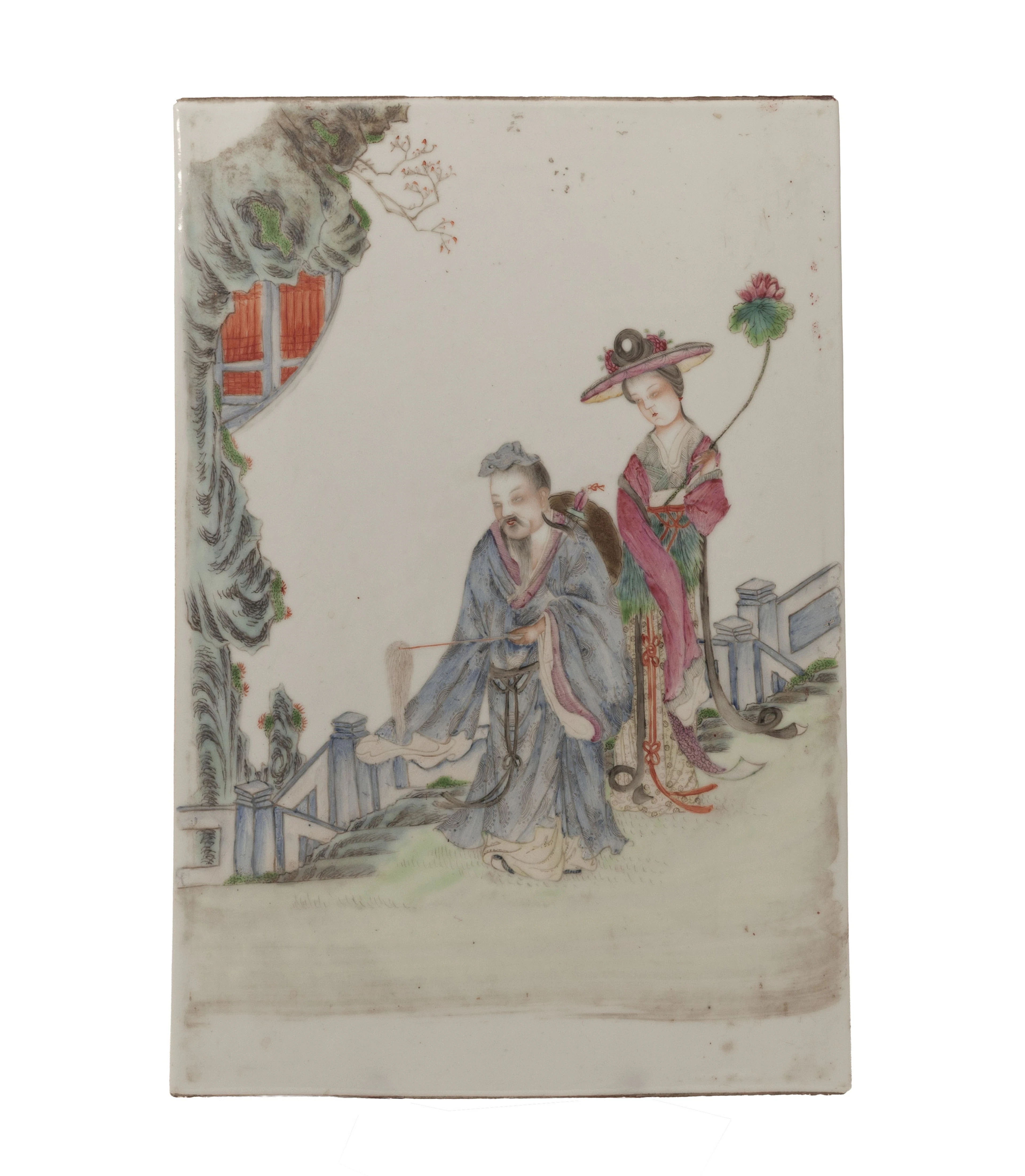 Plaque rectangulaire en porcelaine, Chine, XXe s., décor de deux personnages