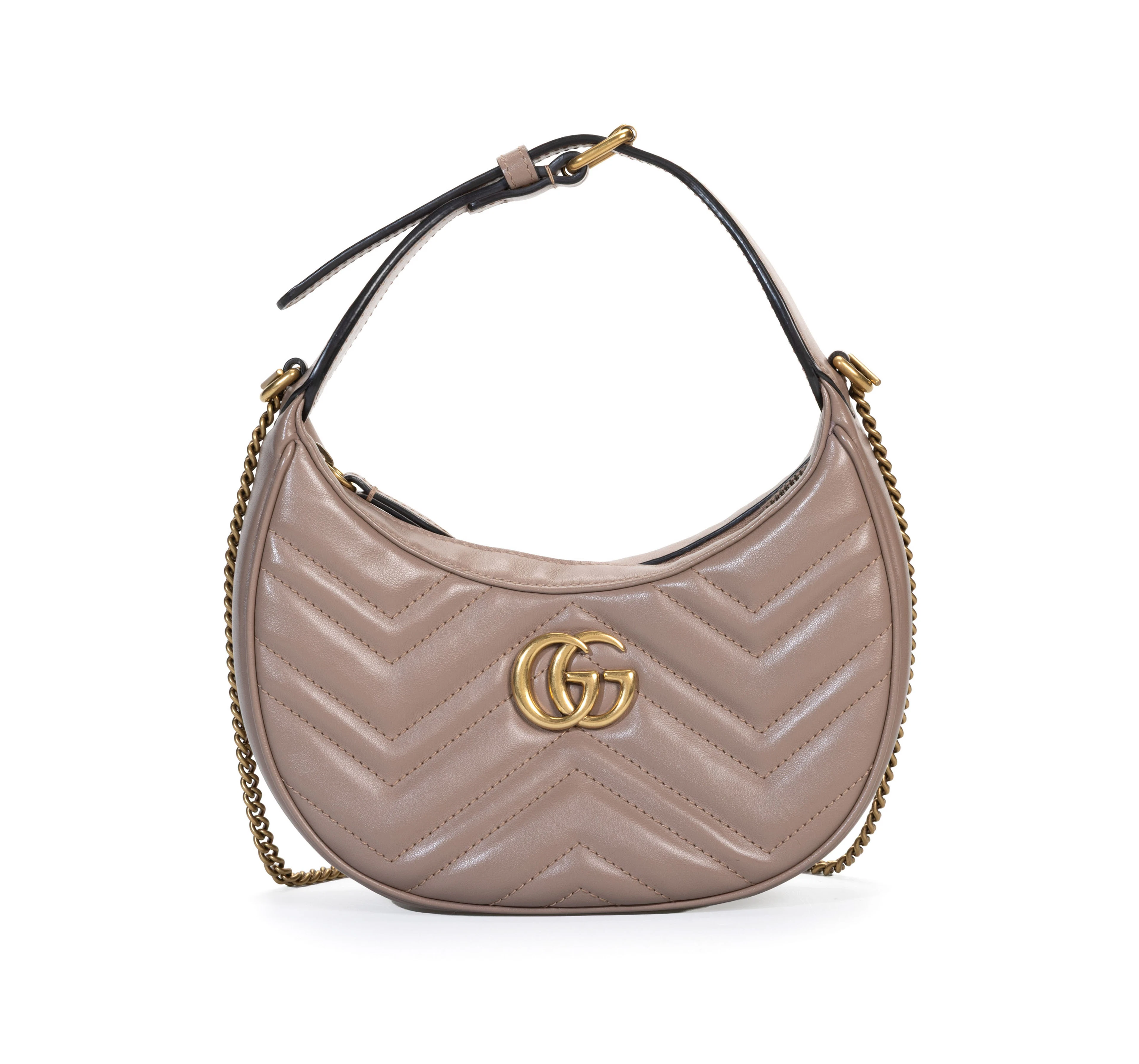 Gucci, sac demi-lune GG Marmont Half Moon en cuir beige moka, chaînette
