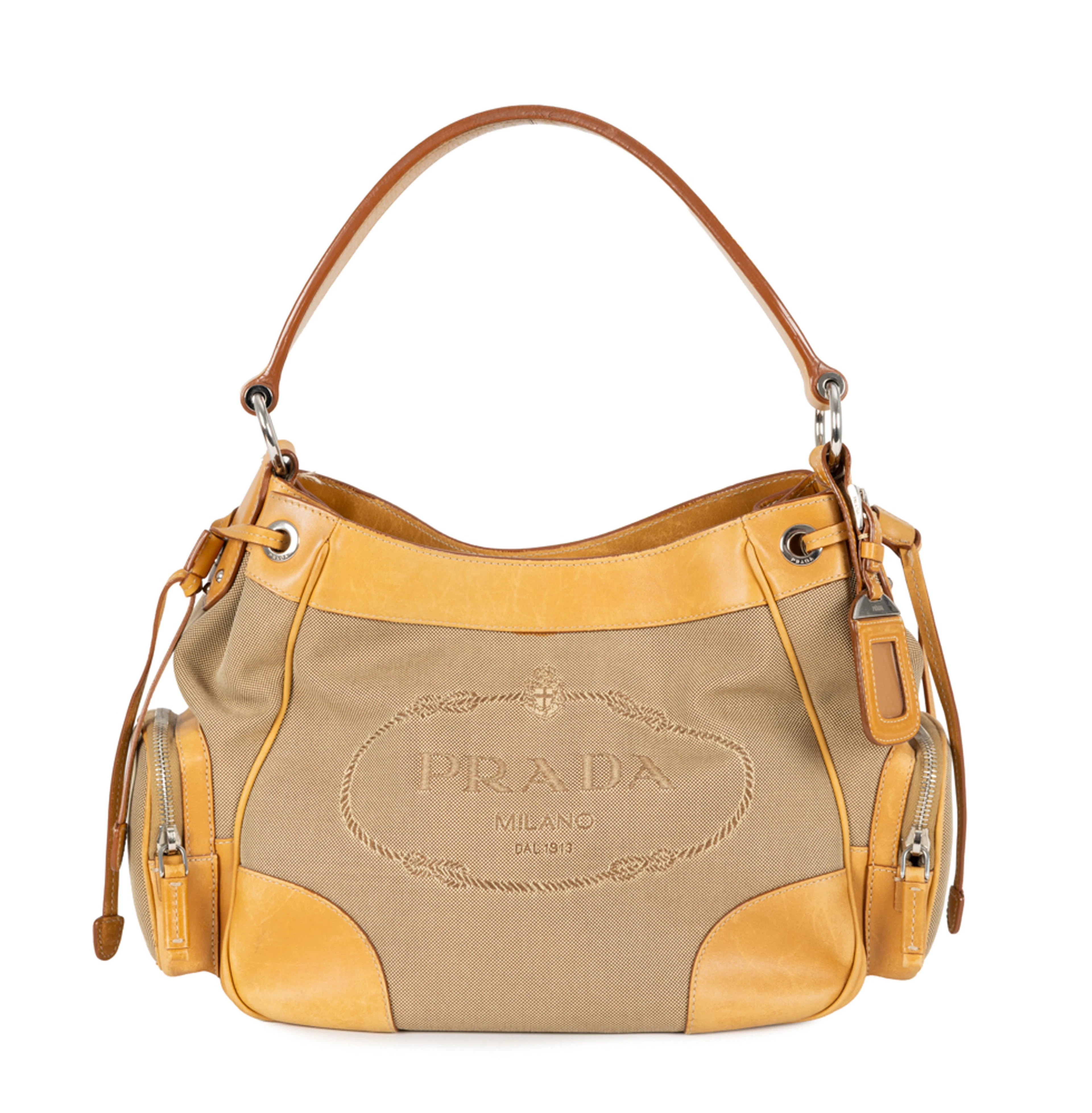 Prada, sac Jacquard Hobo en cuir naturel et toile, petite pochette