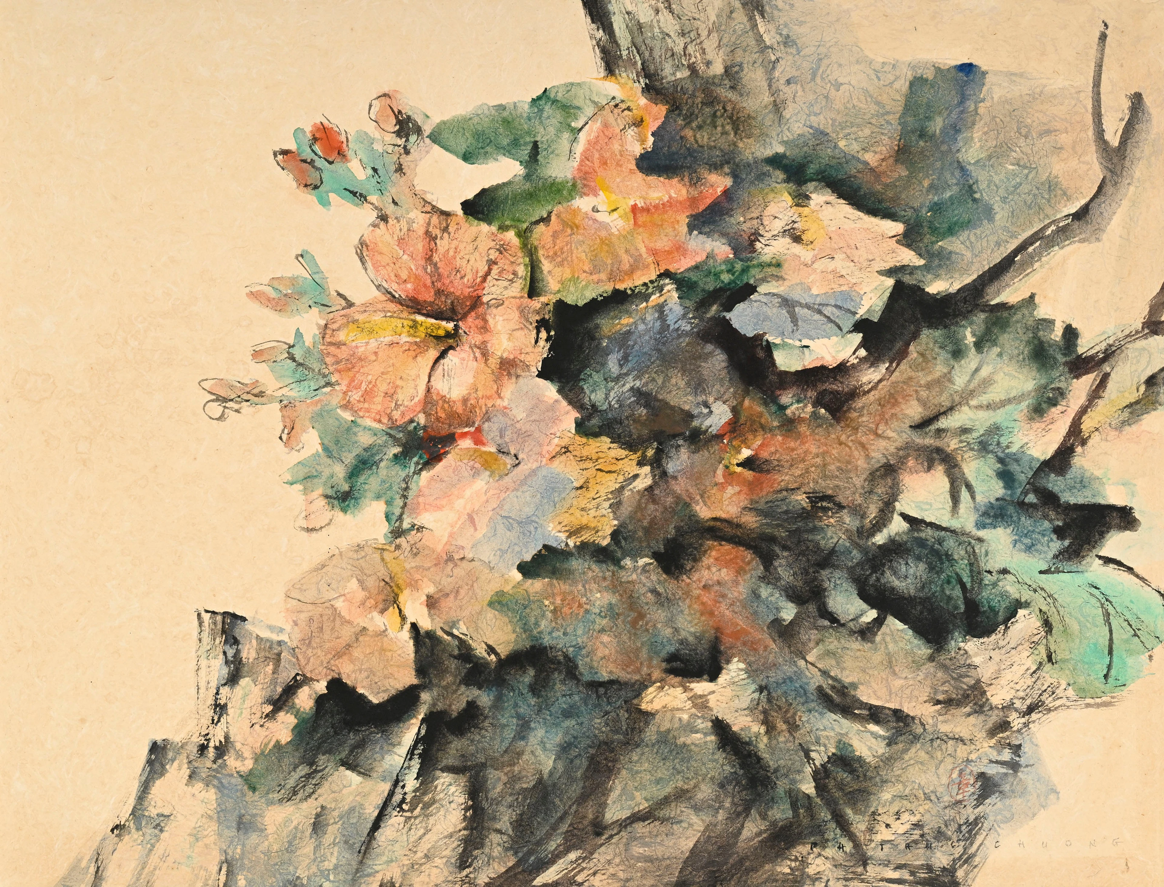 Pham Thuc Chuong (1918-1983), Hibiscus, aquarelle et encre de Chine
