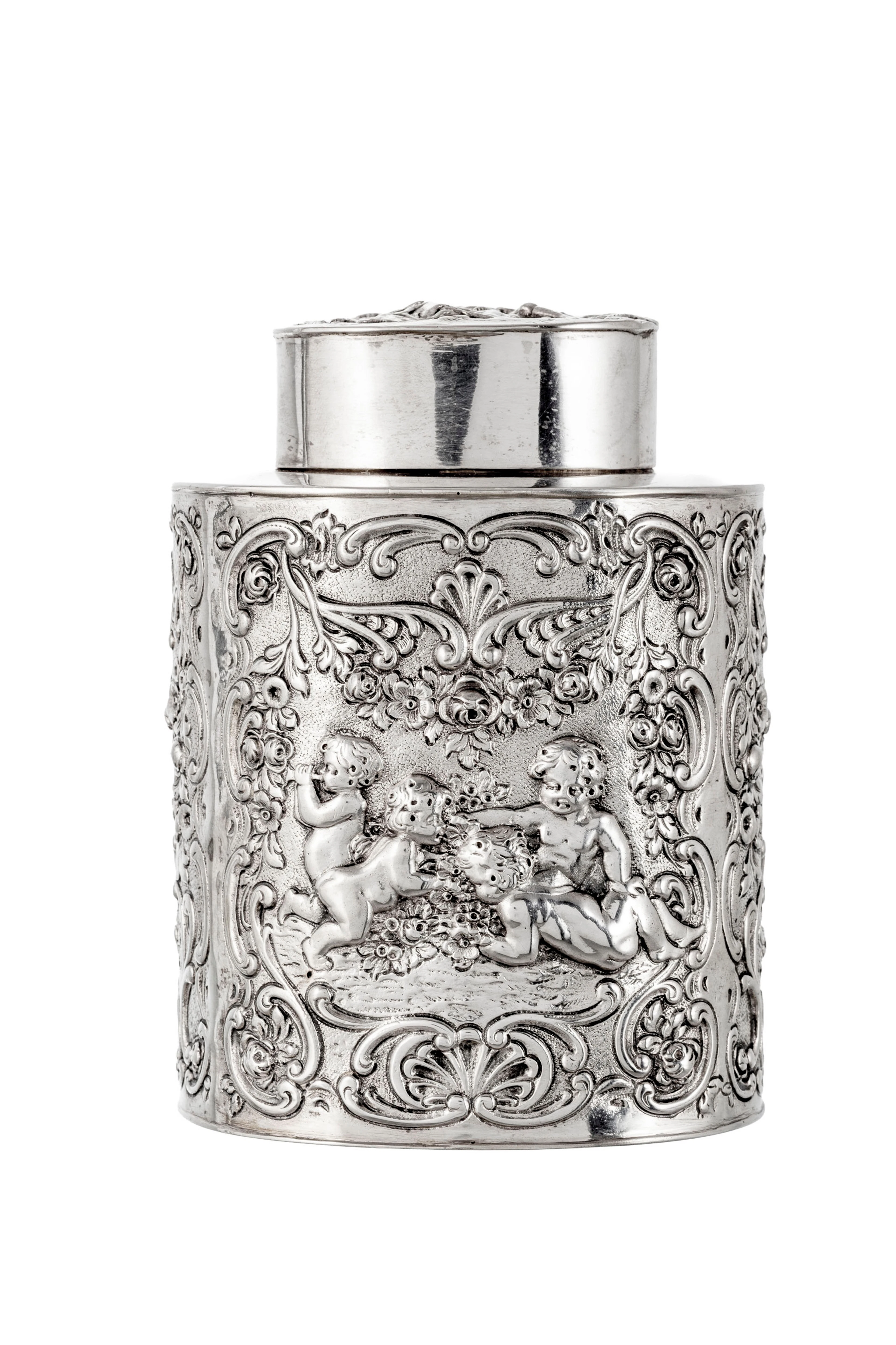 Boîte à thé ovale cylindrique en argent 830, Allemagne, XXe s., à