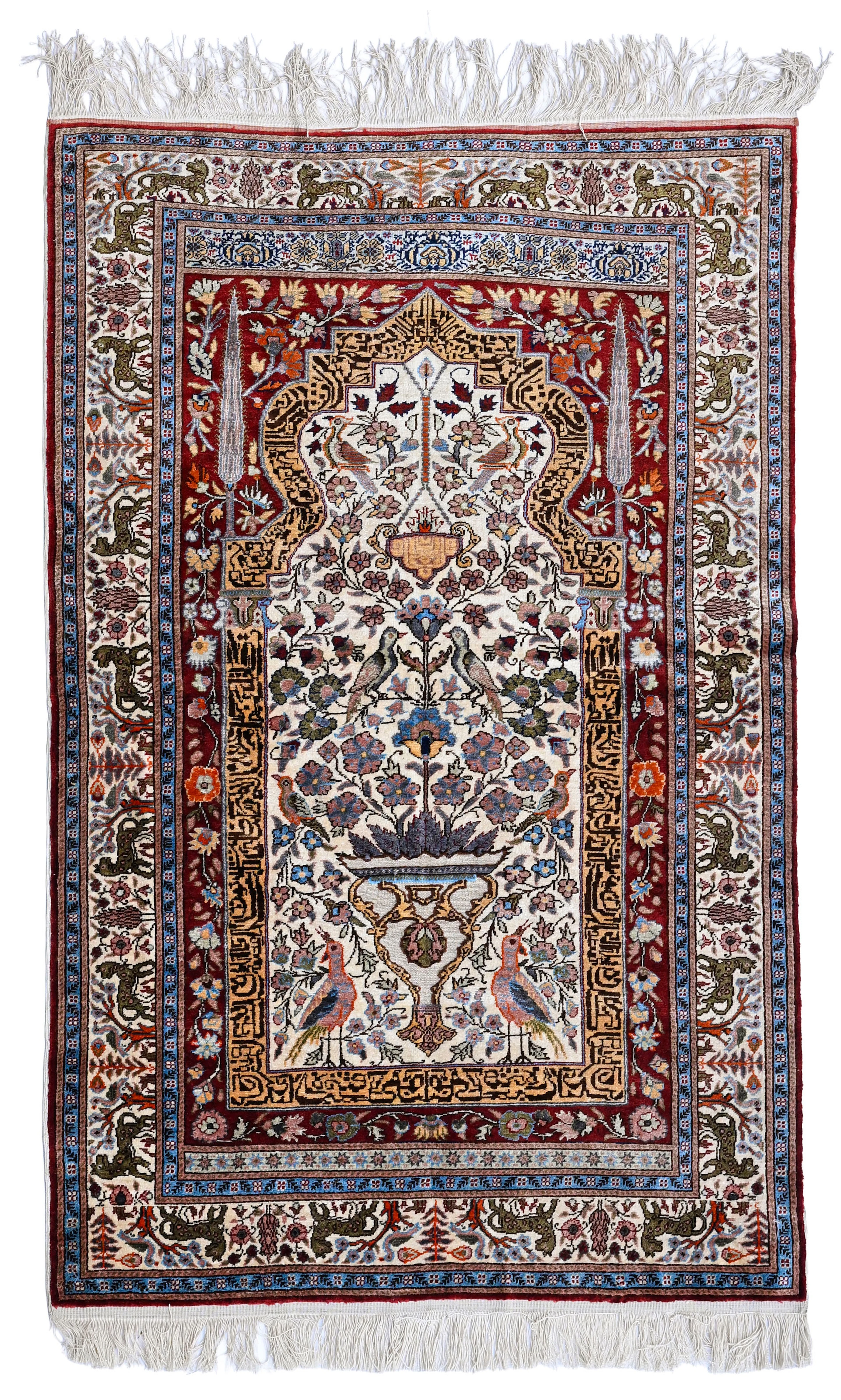 Tapis de prière Kayseri en soie et fils de métal doré, Turquie, 3ème