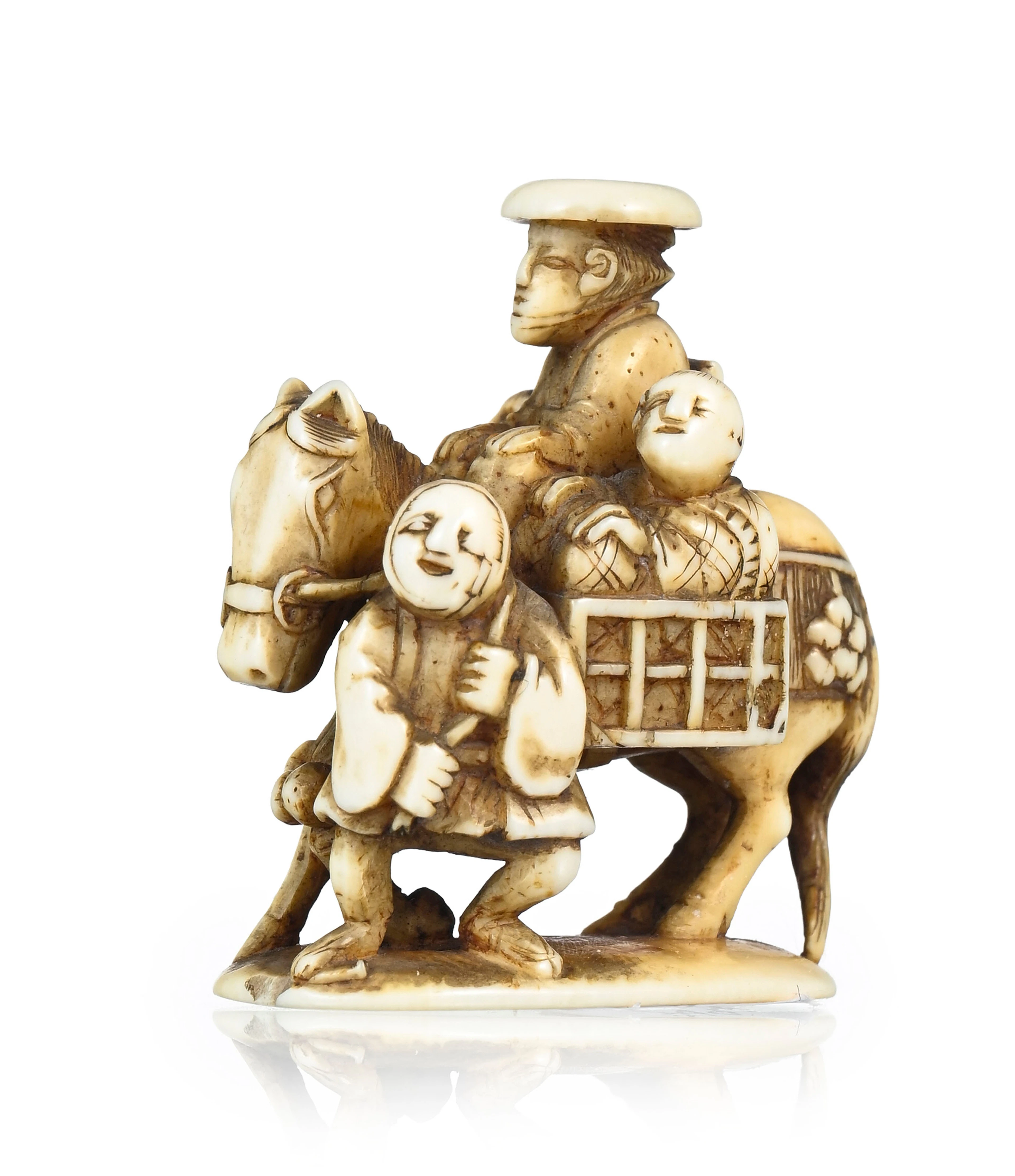 Cheval et personnages, netsuke en ivoire, Japon, XIXe s., signé 龍珉