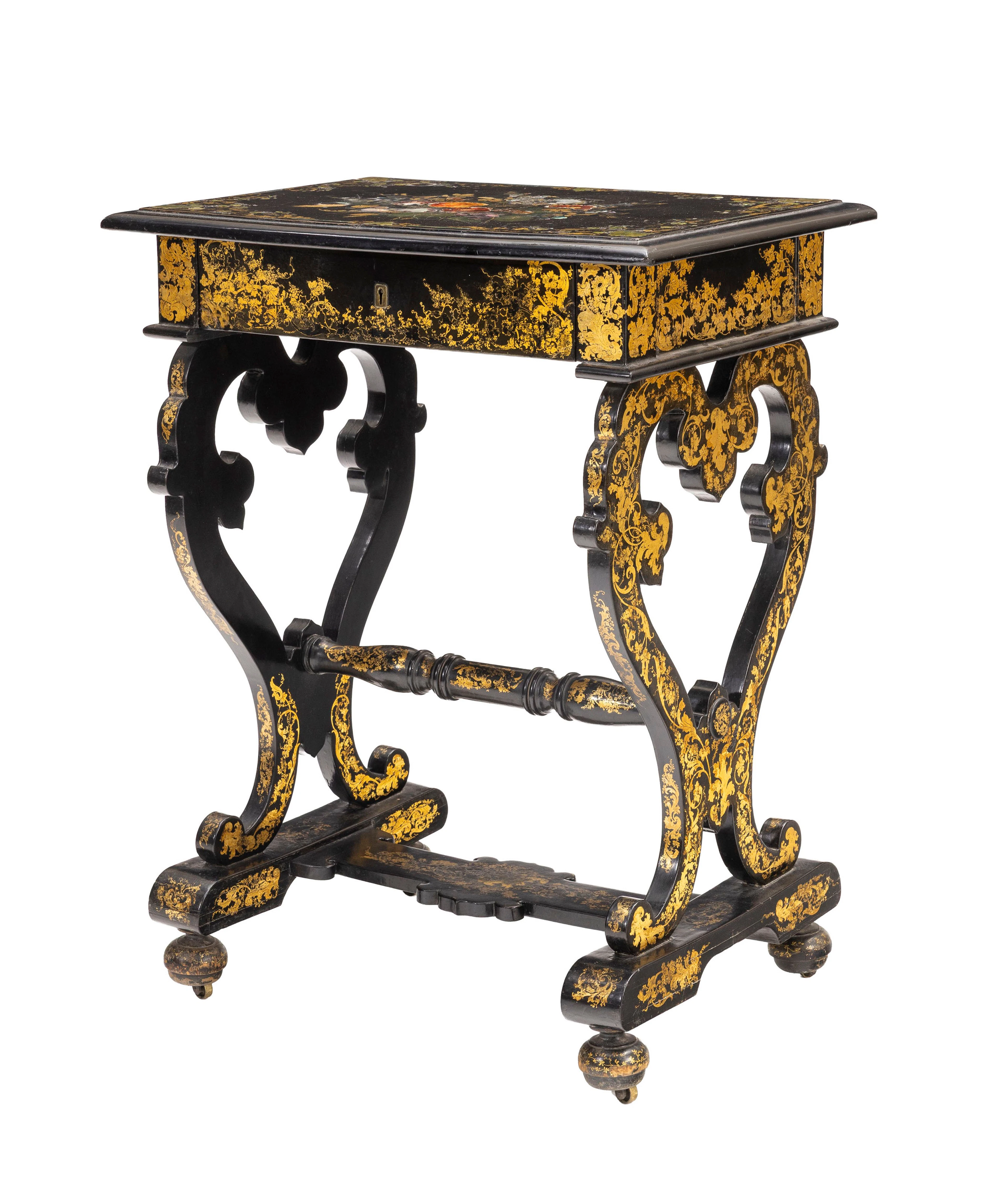 Table à ouvrage d'époque Napoléon III, en bois noirci à décor peint
