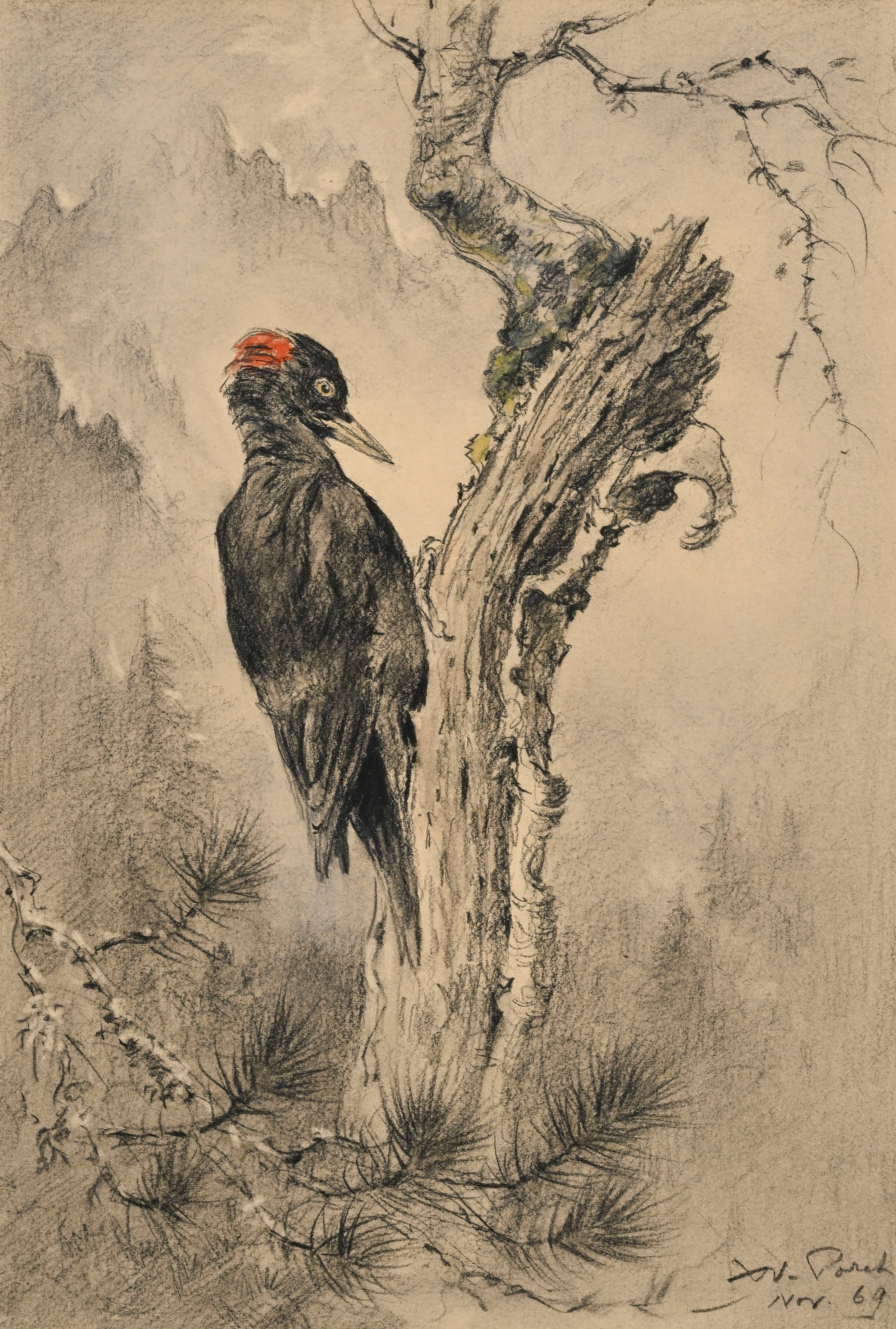 Xavier de Poret (1894-1975), "Pic noir", 1969, pierre noire et aquarelle