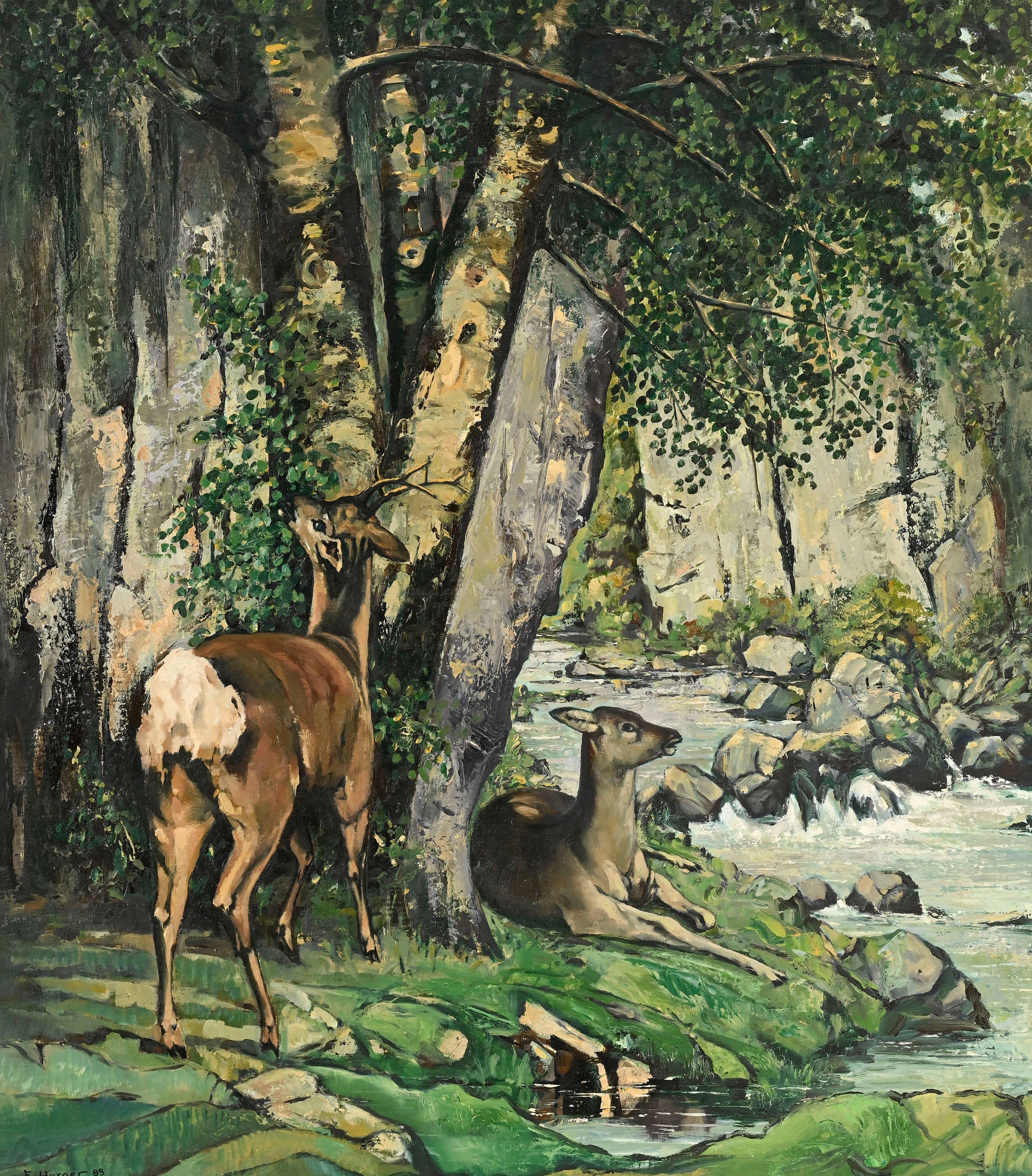 Alfred Horger (1930-2009), Couple de chevreuils au bord d'un ruisseau
