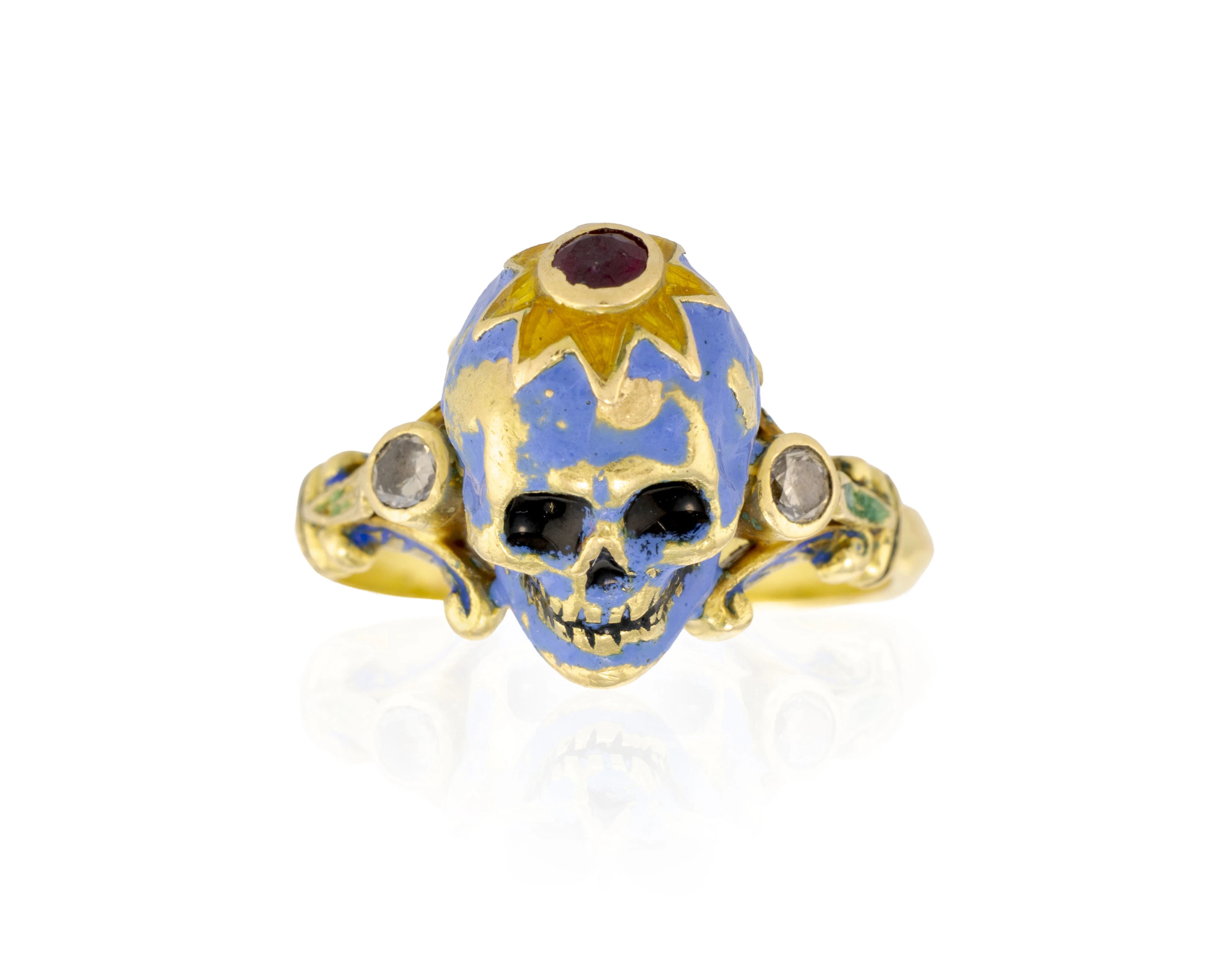 Bague or 750 et émail polychrome ornée d'une vanité sertie d'un rubis