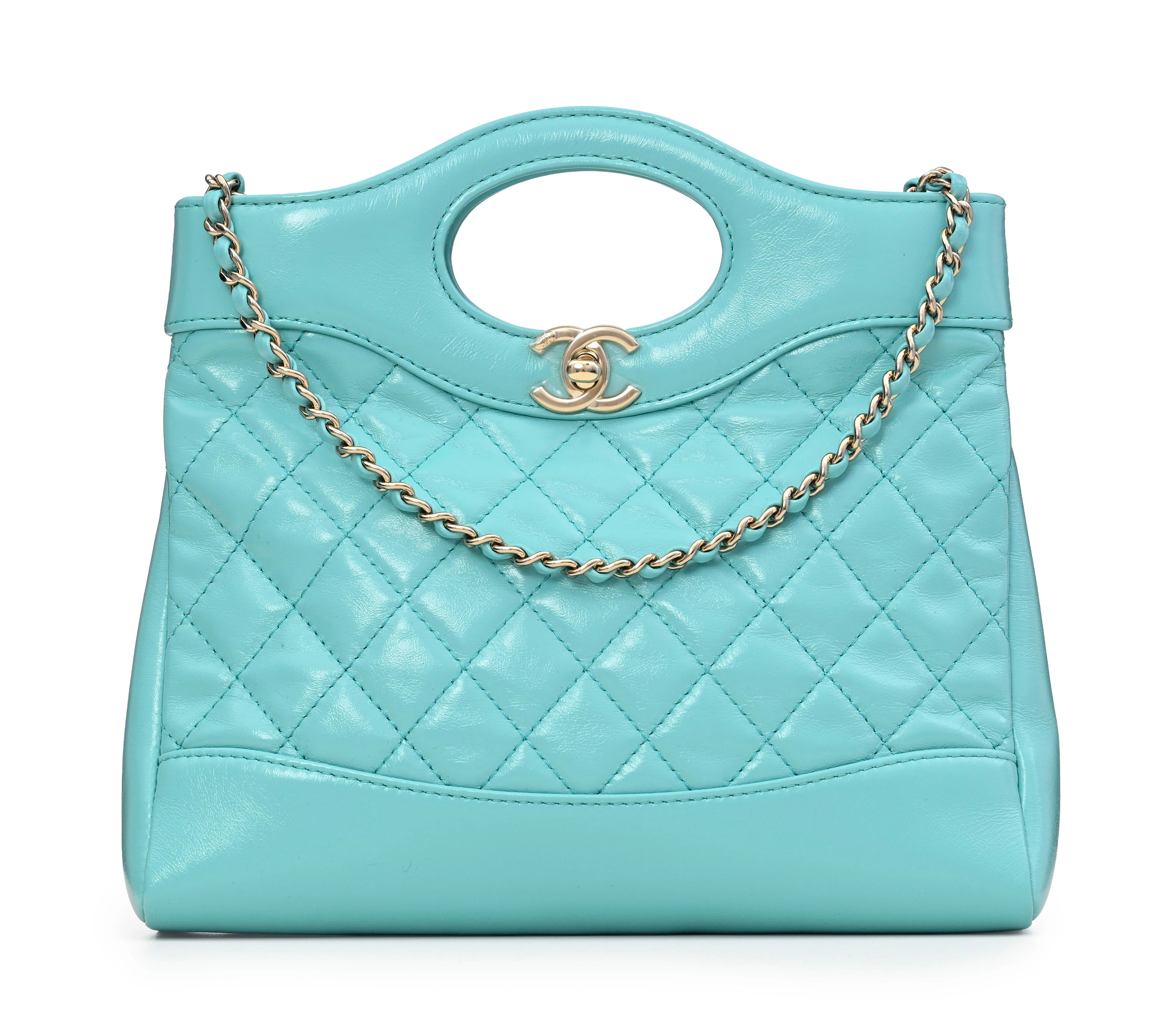 Chanel, sac 31 Mini Tote en cuir brillant turquoise, double bandoulière
