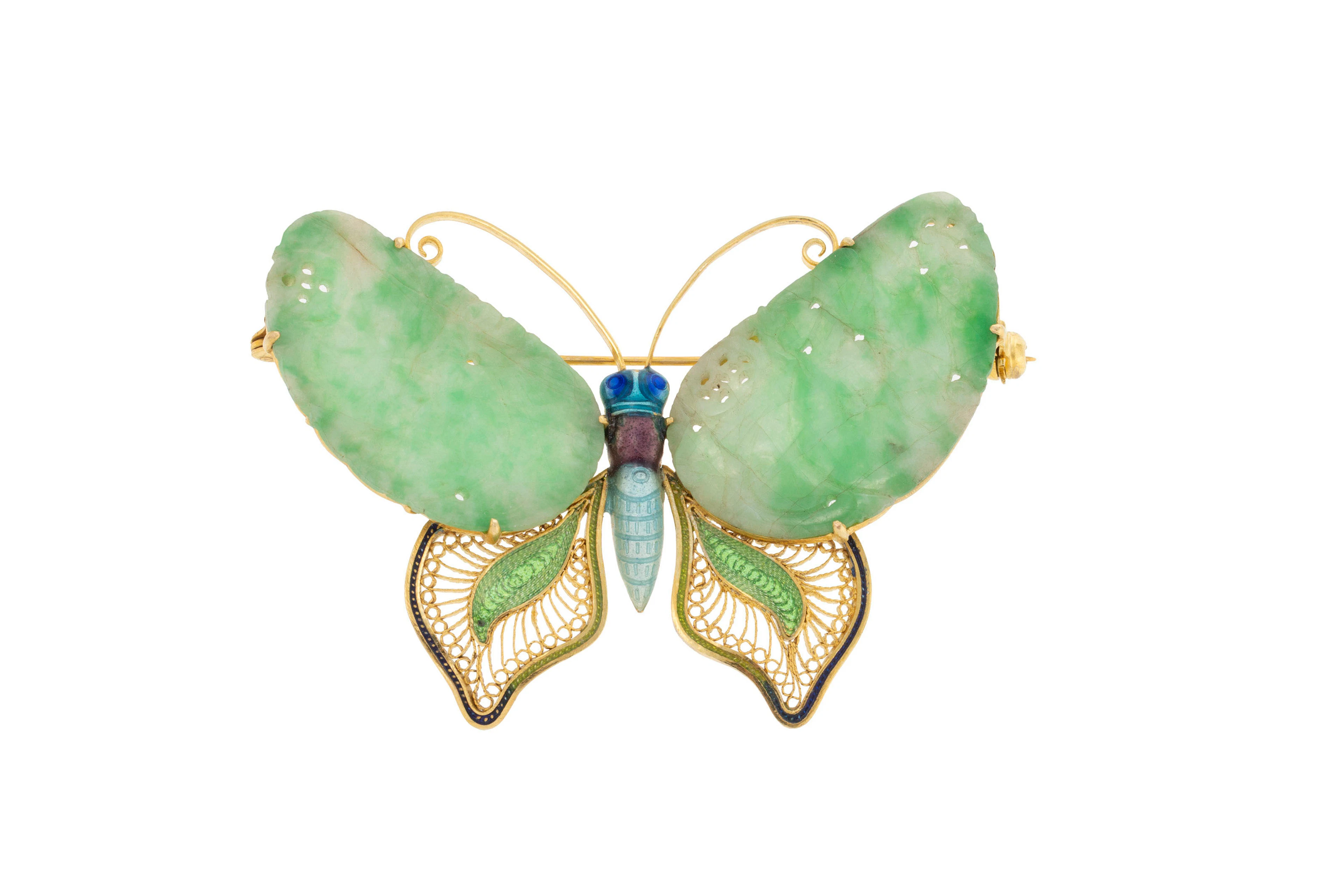 Broche papillon or 585 filigrané et émail polychrome, les ailes serties