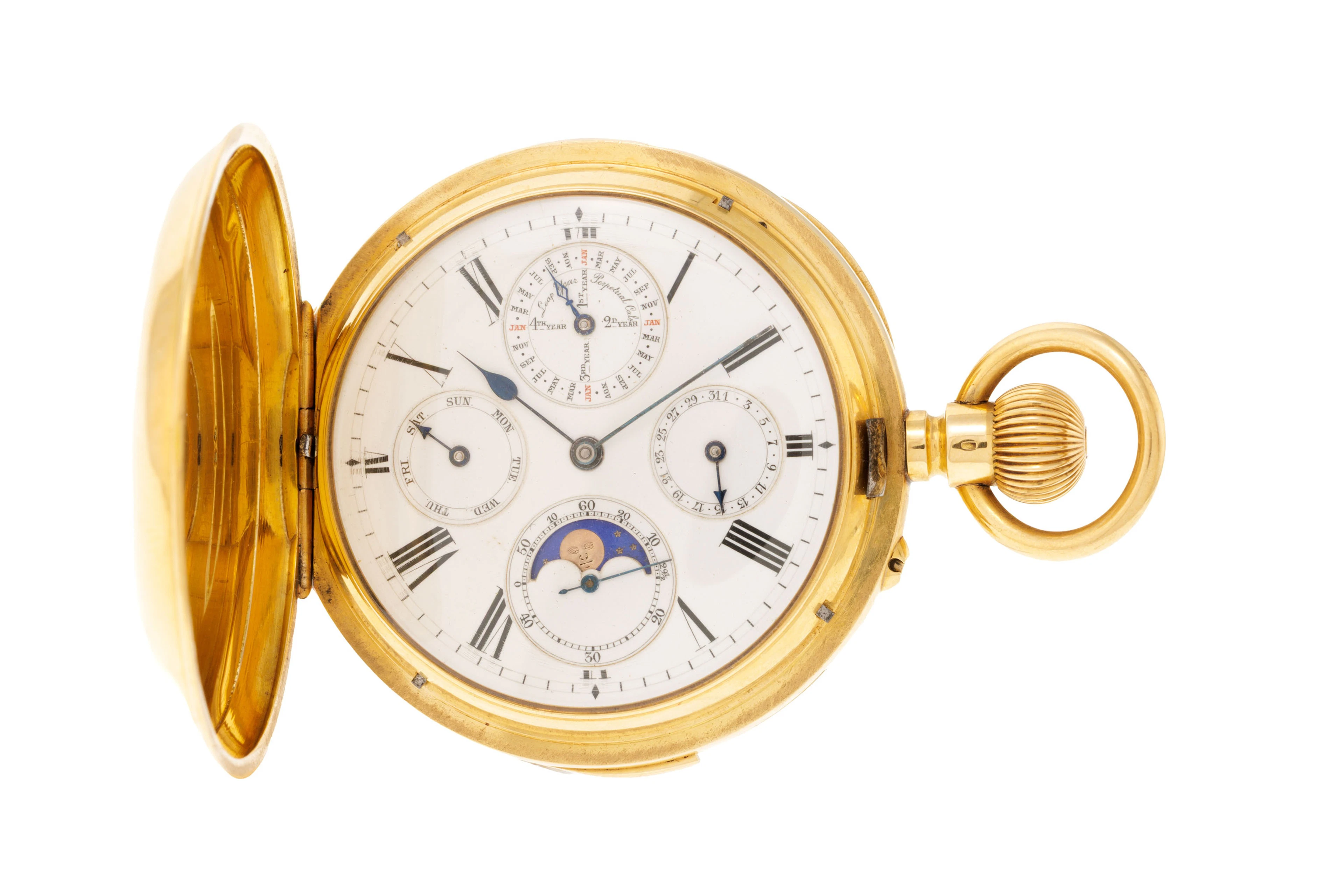 Montre de poche savonnette en or 750 à répétition avec calendrier