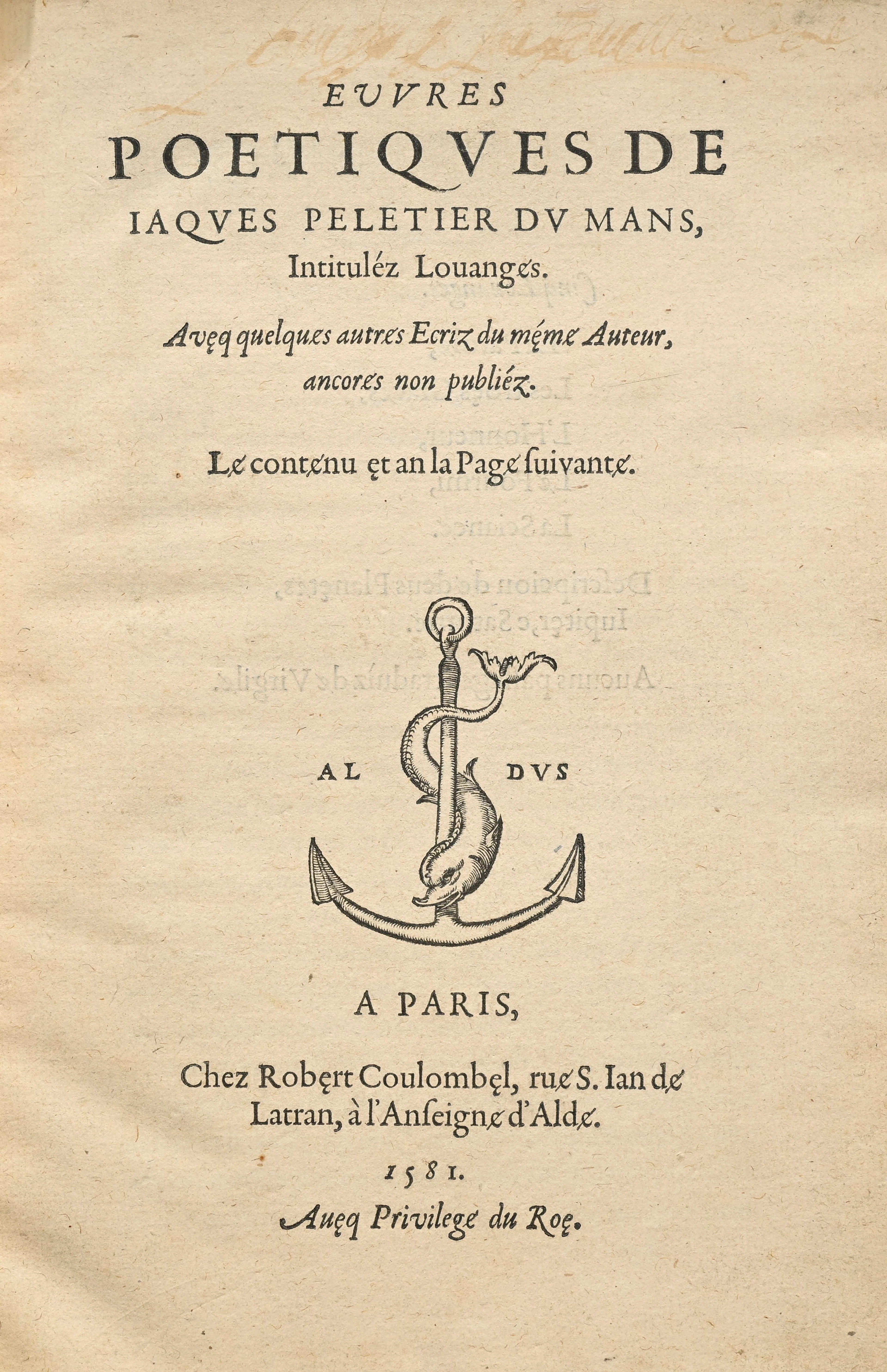 PELETIER DU MANS (Jacques). Louanges. Euvres poétiques de Jaques Peletier