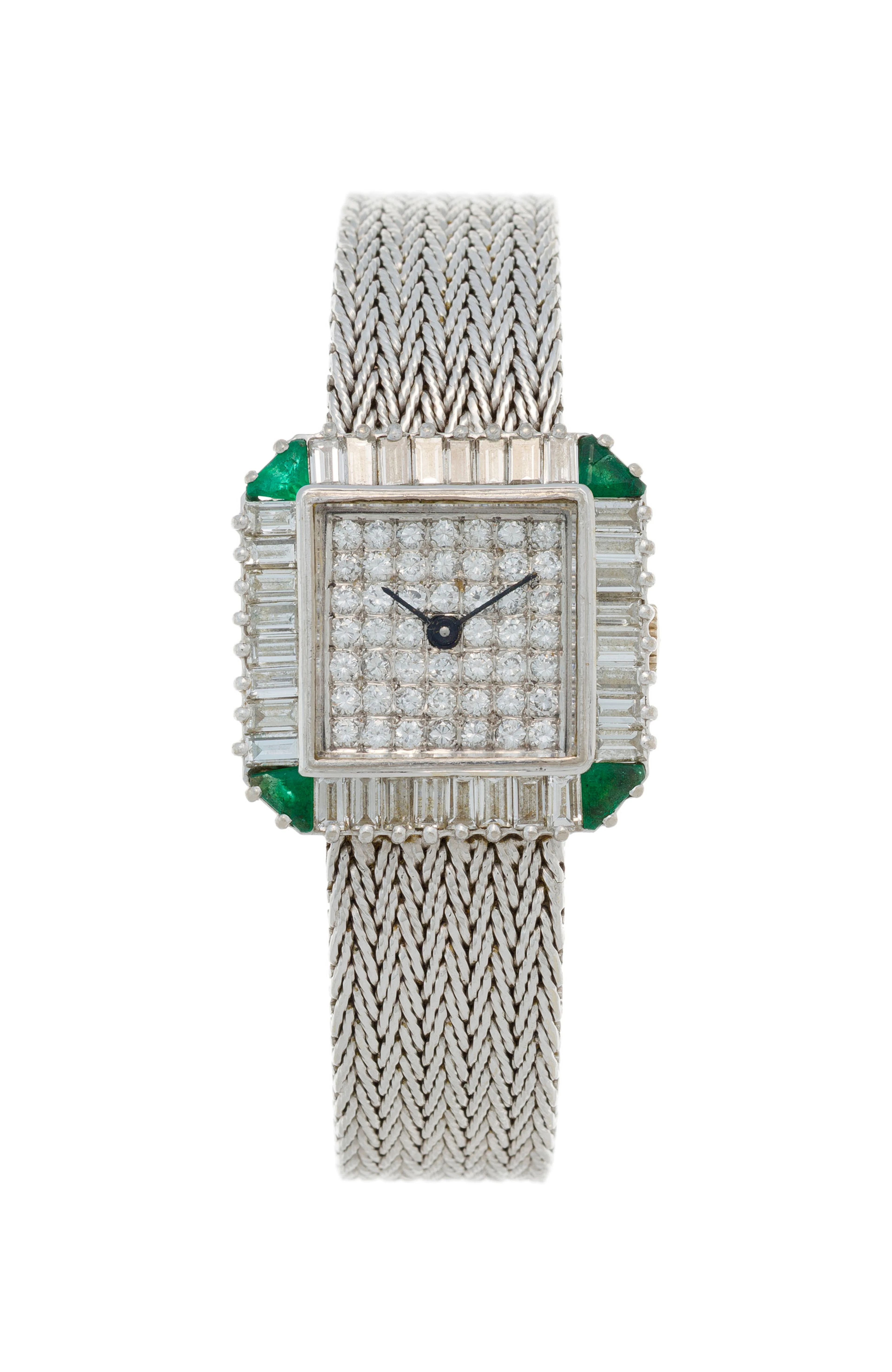 Montre-bracelet en or gris 750 sertie de diamants et d'émeraudes