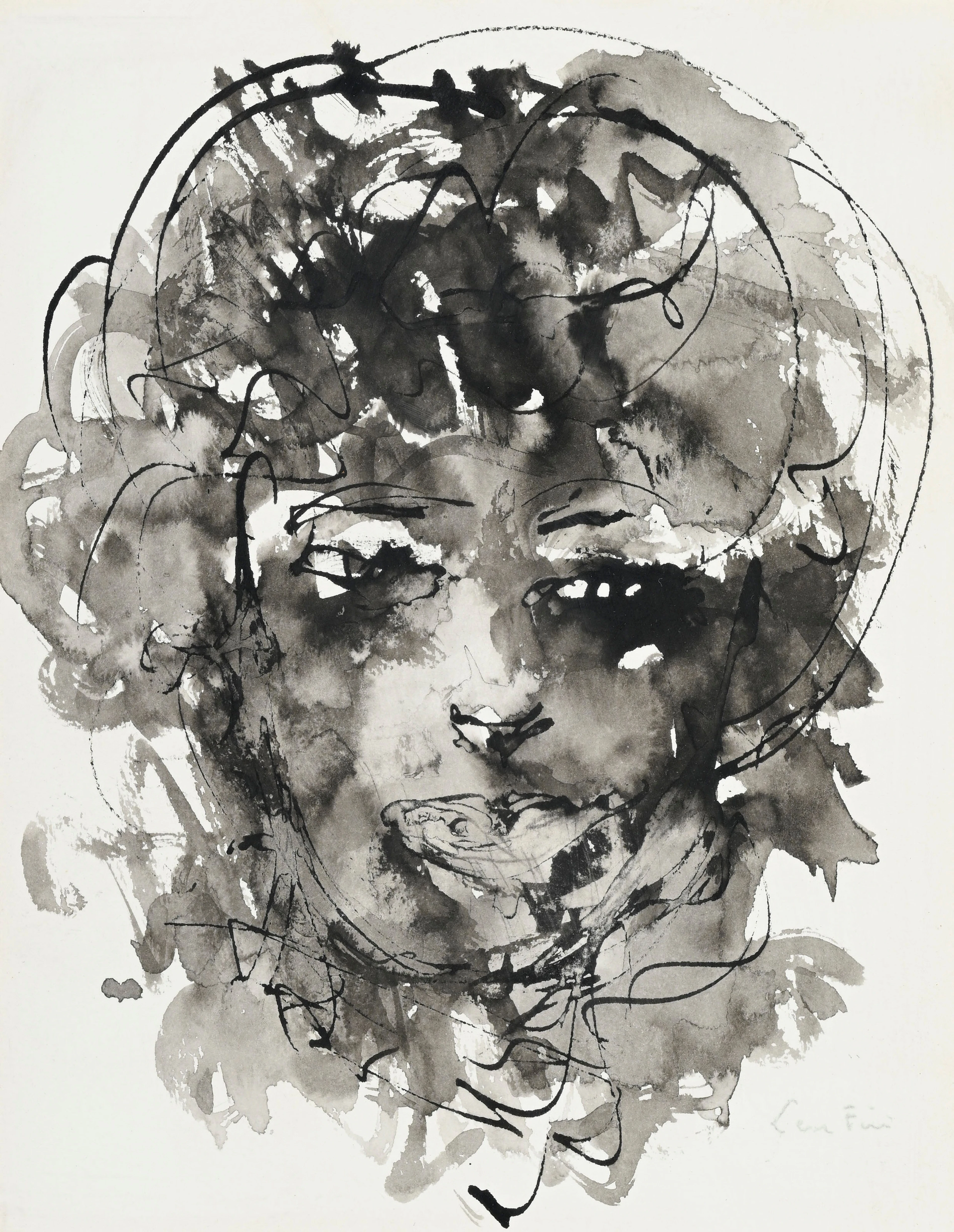 Leonor Fini (1907-1996), Visage, lavis d'encre de Chine sur papier