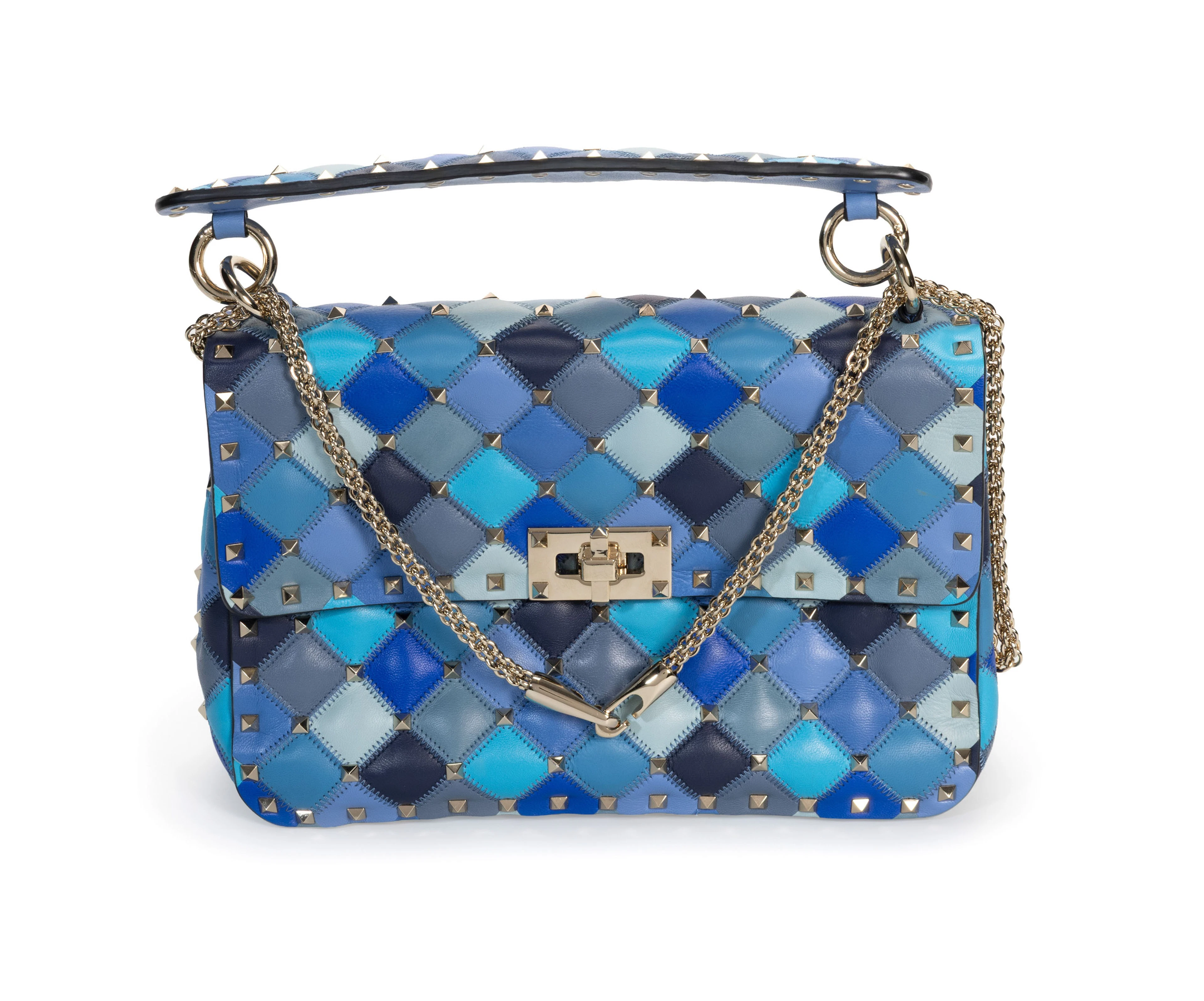 Valentino, sac Patchwork Rockstud en cuir bleu, turquoise, gris et