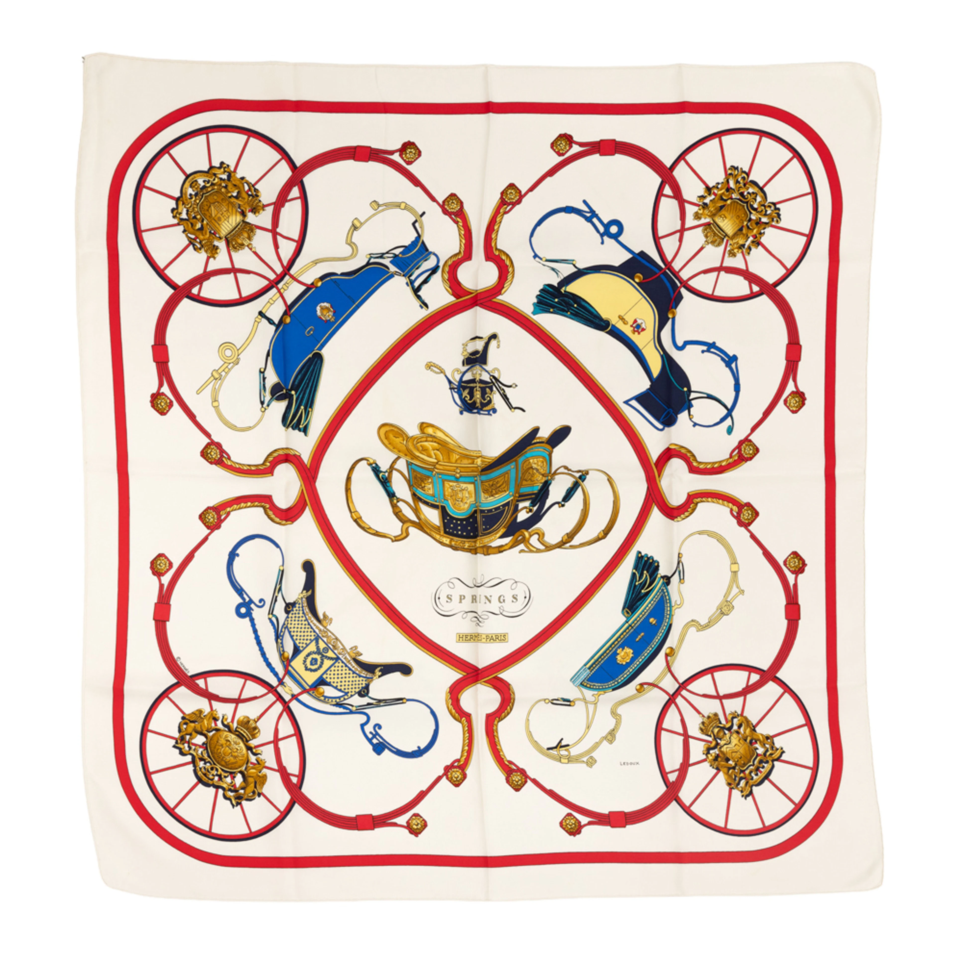 Hermès, carré en twill de soie imprimée: Springs, fond écru, boîte, 90x90 cm