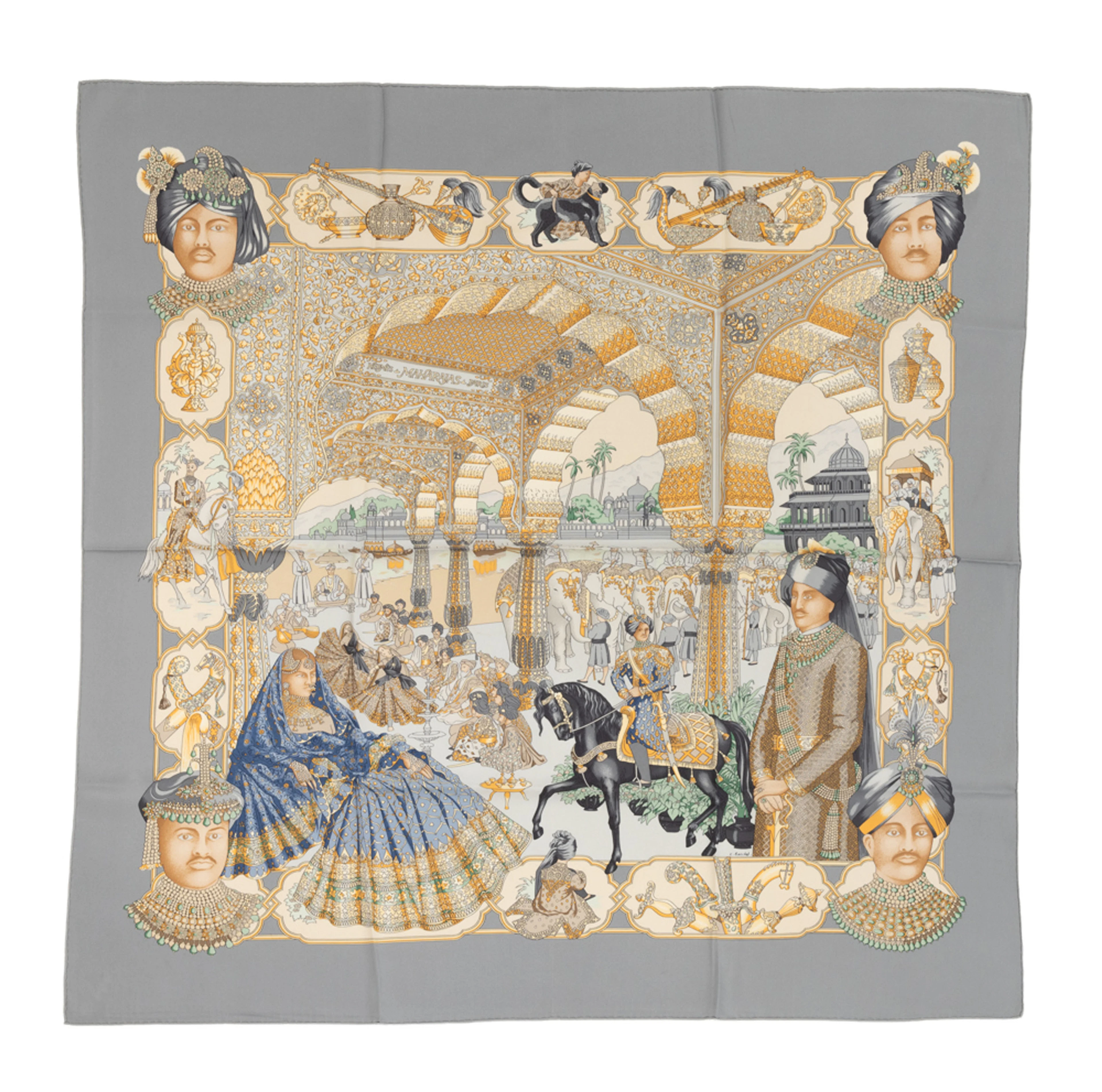 Hermès, carré en twill de soie imprimée: Maharajas, bord gris, 90x90 cm