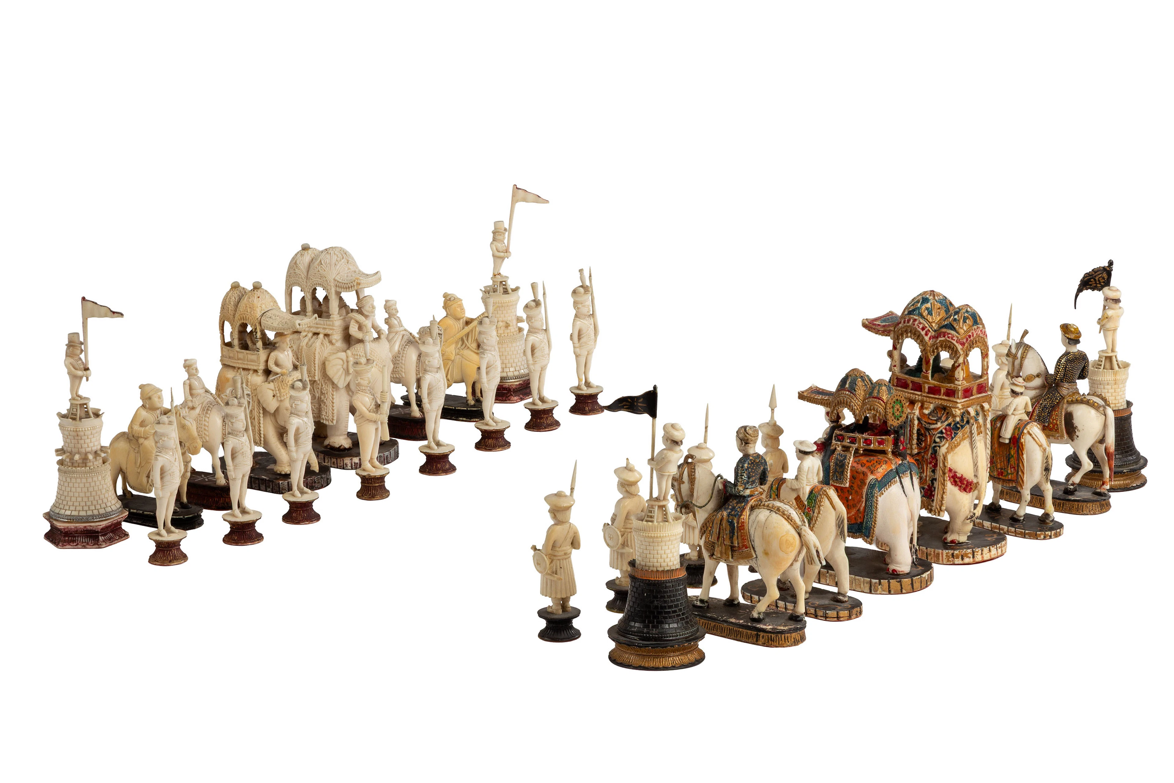 Jeu d'échec anglo-indien "John Company" en ivoire, complet, Inde