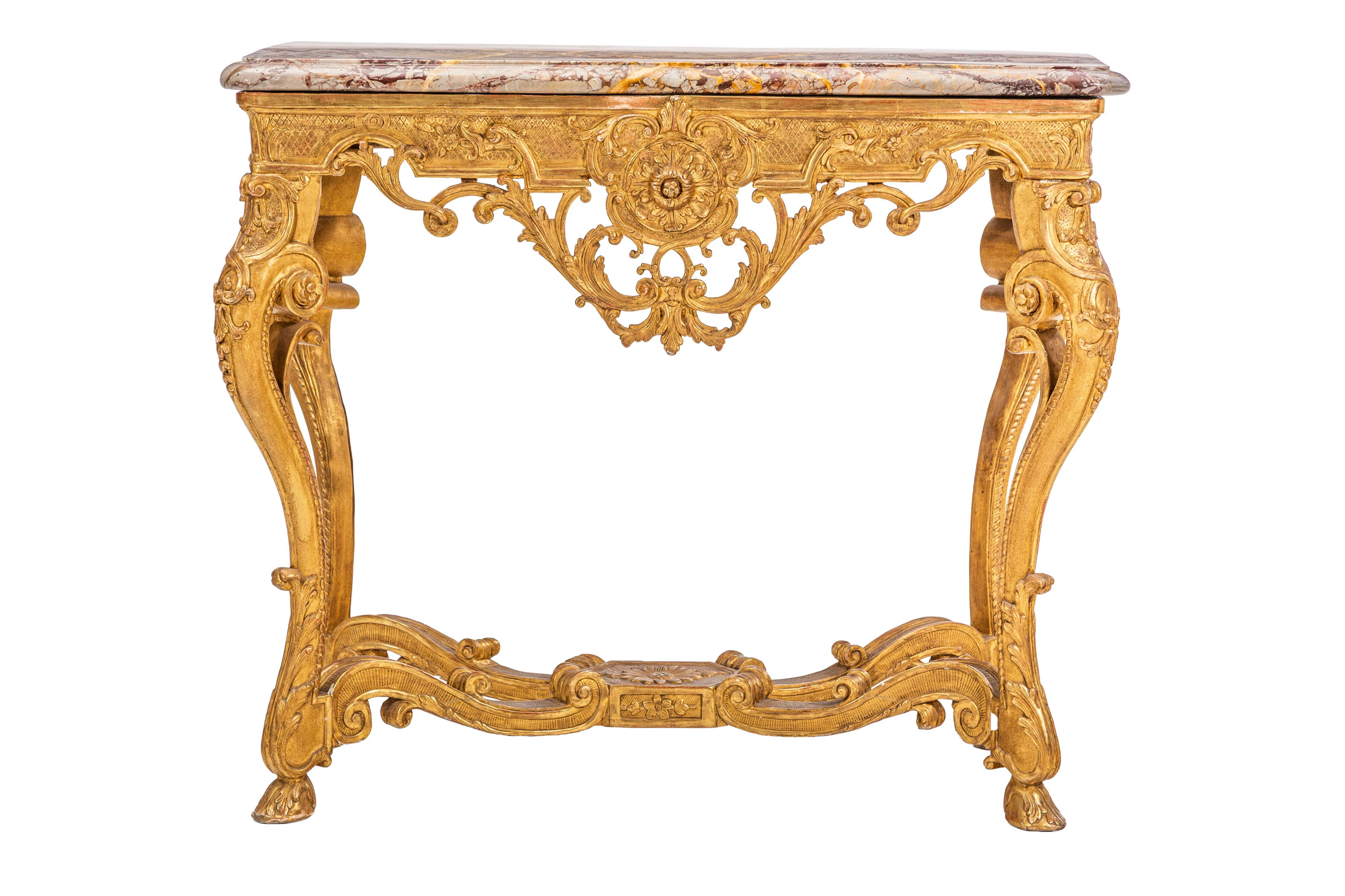Console de style Régence, XIXe s., en bois sculpté et doré à décor