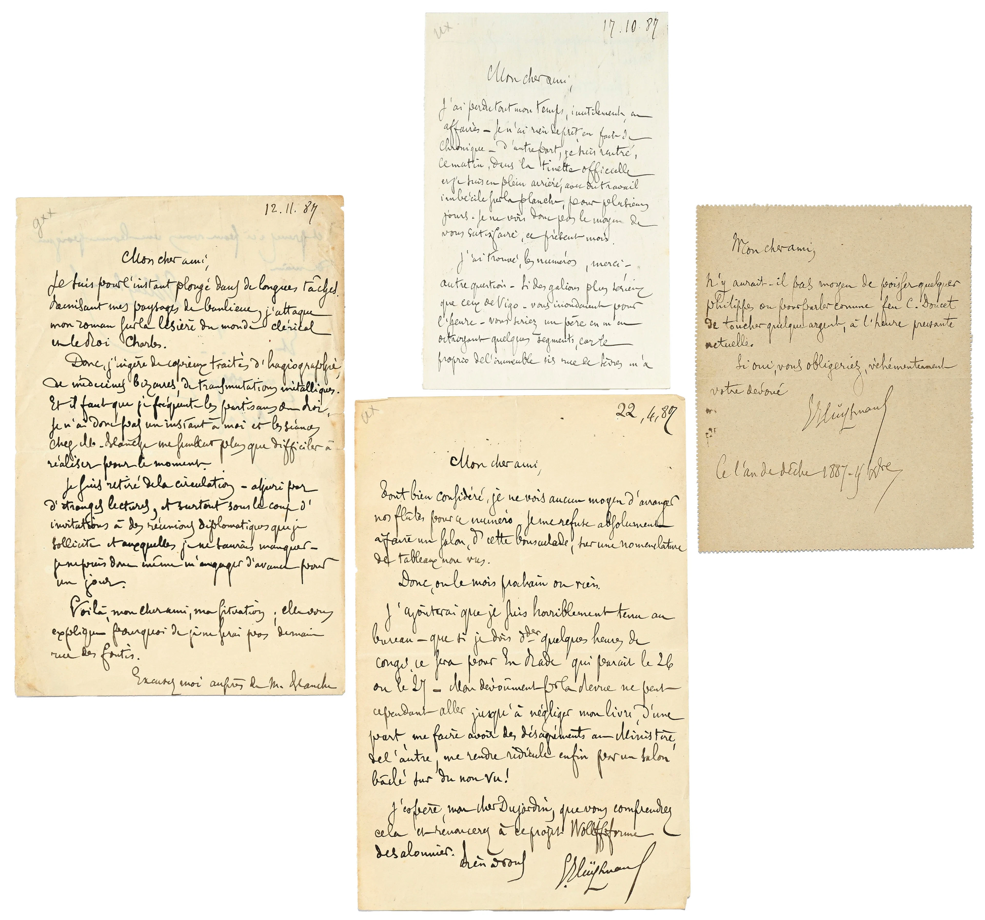 HUYSMANS (Joris-Karl). Ensemble de 4 l ettres autographes signées
