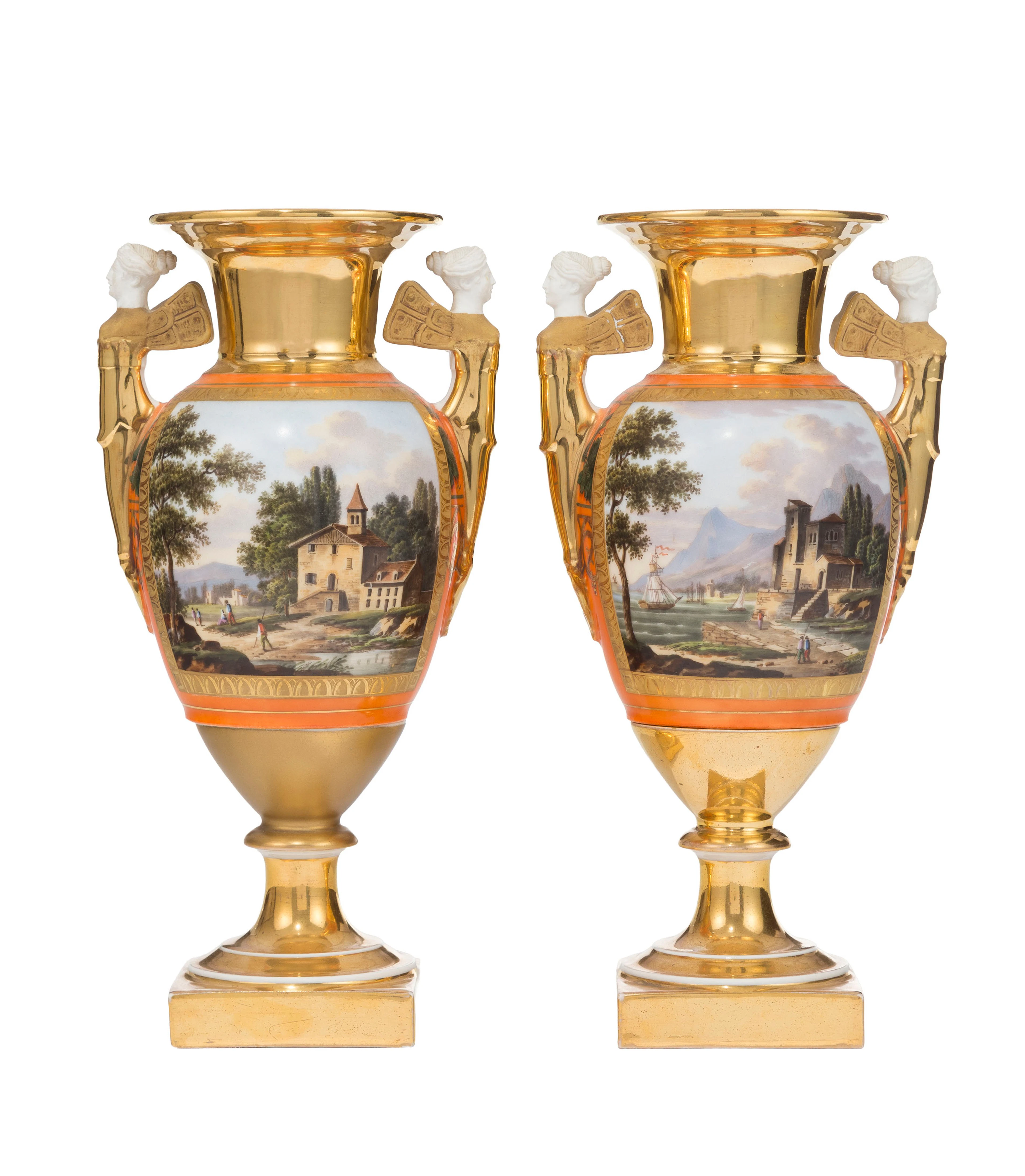 Paire de vases en porcelaine de Paris, XIXe s., à décor polychrome