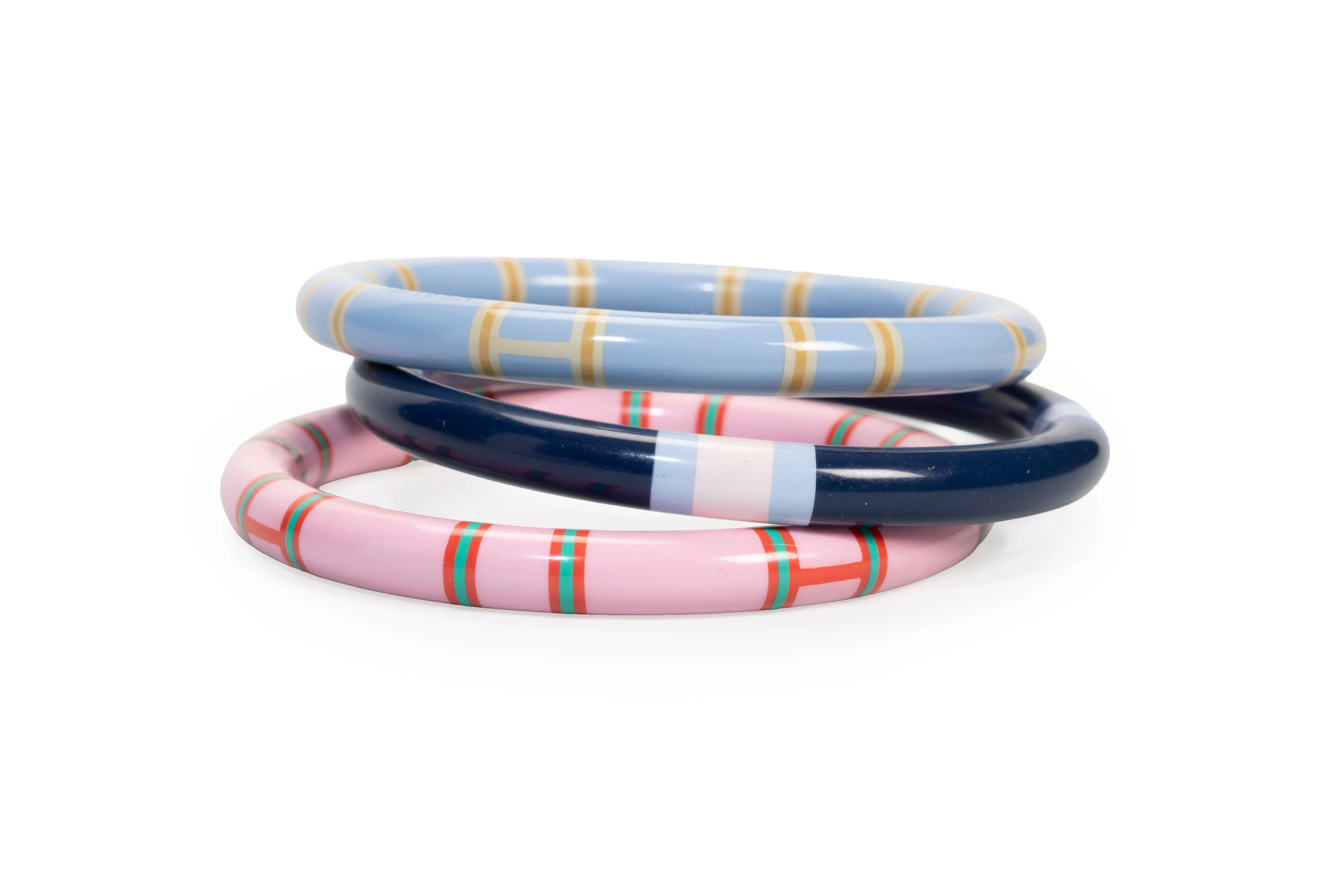 Hermès, 3 bracelets H équipe nautique en bois laqué rose, bleu pale