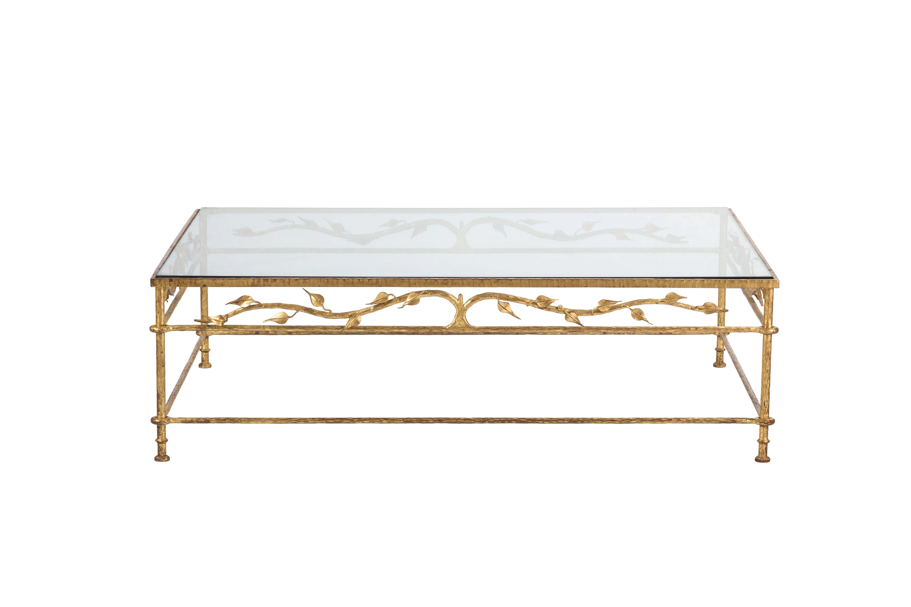 Table basse, XXe s., en fer forgé doré, à ceinture ajourée à décor