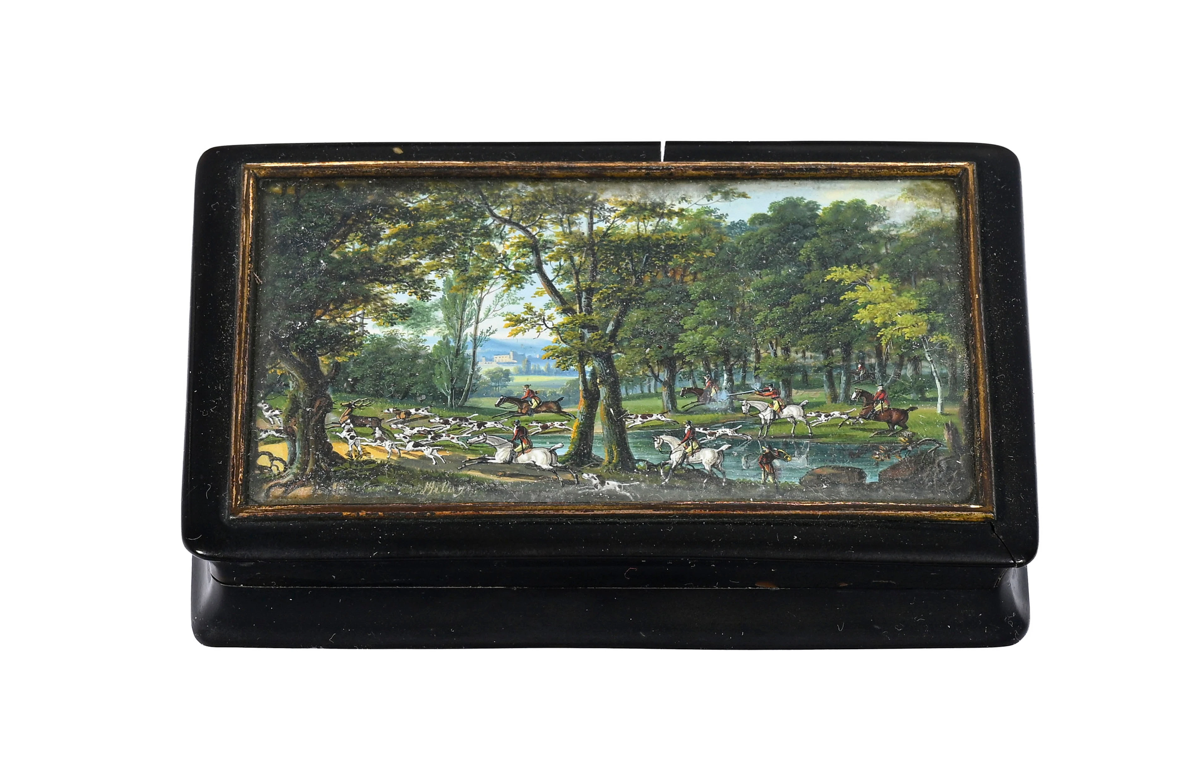 Tabatière en écaille avec miniature de Chasse au Cerf par Delaye