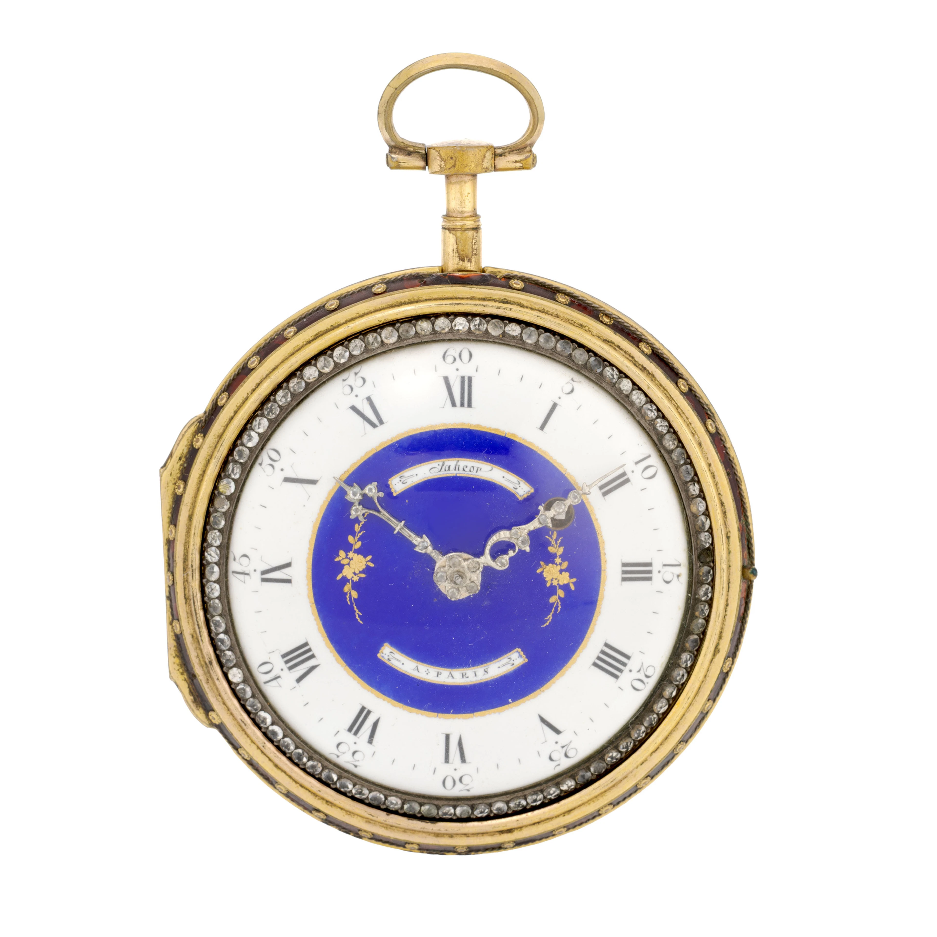 Montre de poche à coq en laiton et argent sertie de pâte de verre