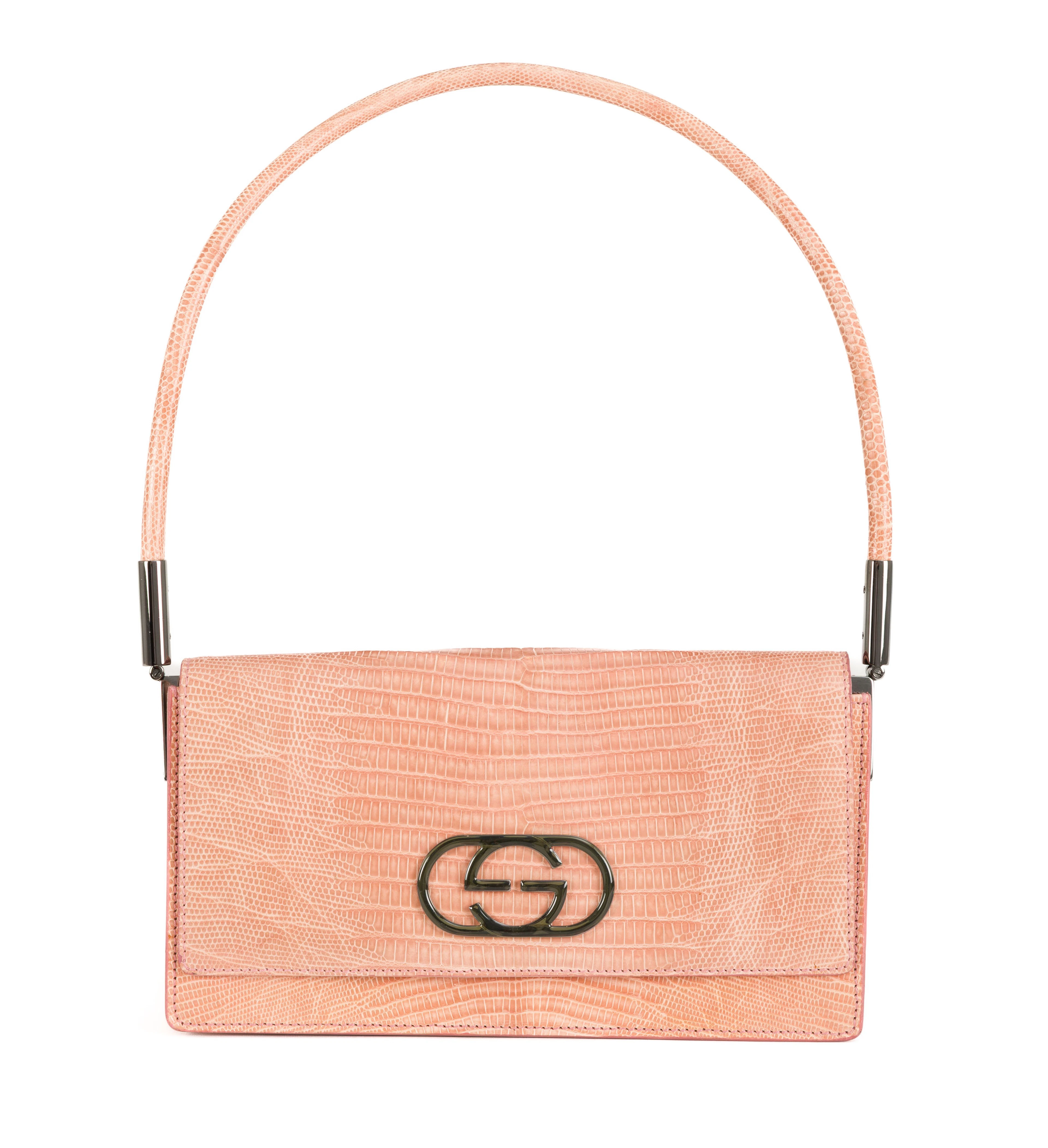Gucci, sac baguette à rabat en lézard rose, fermoir GG en métal, fine