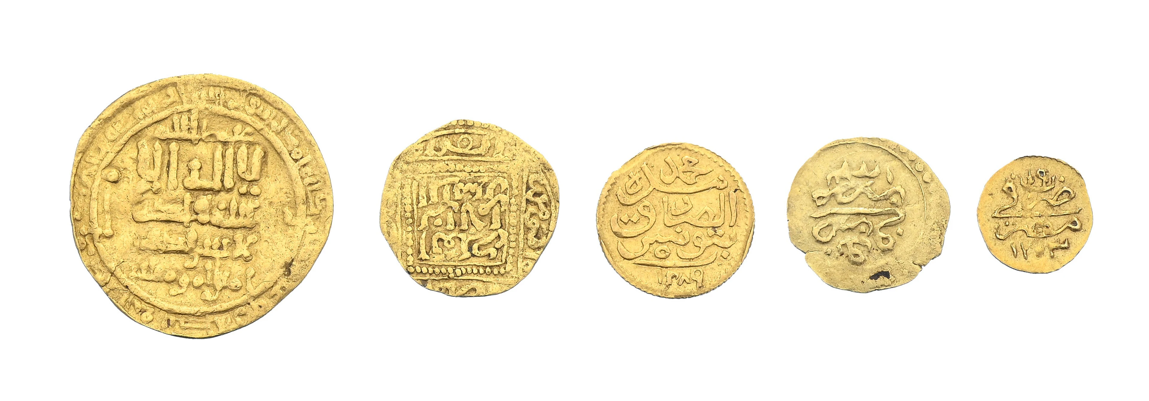5 petites monnaies en or du monde islamique, diam. 0,96 à 2,1 cm