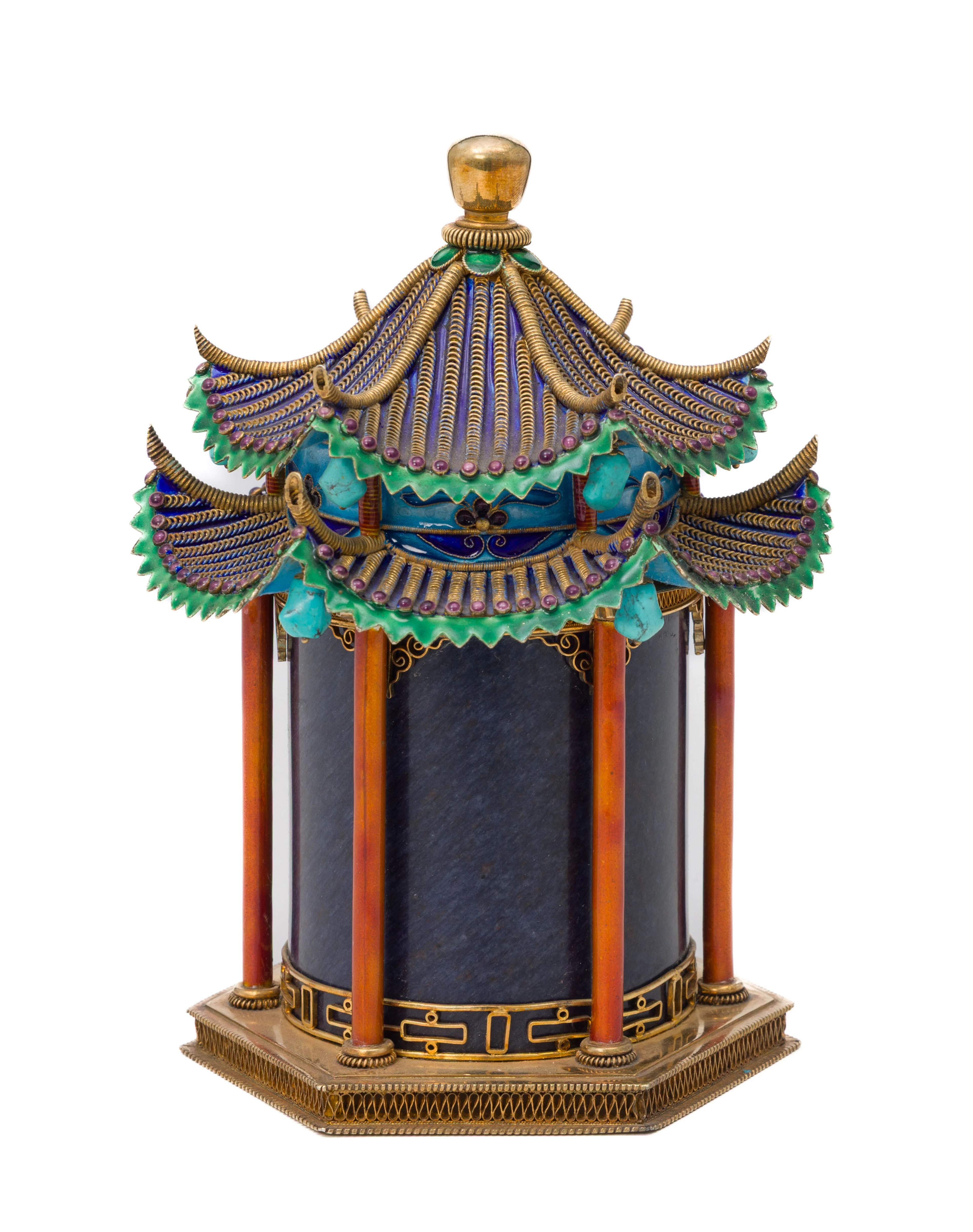 Boîte à thé hexagonale en forme de pagode en argent doré, émail, filigrane