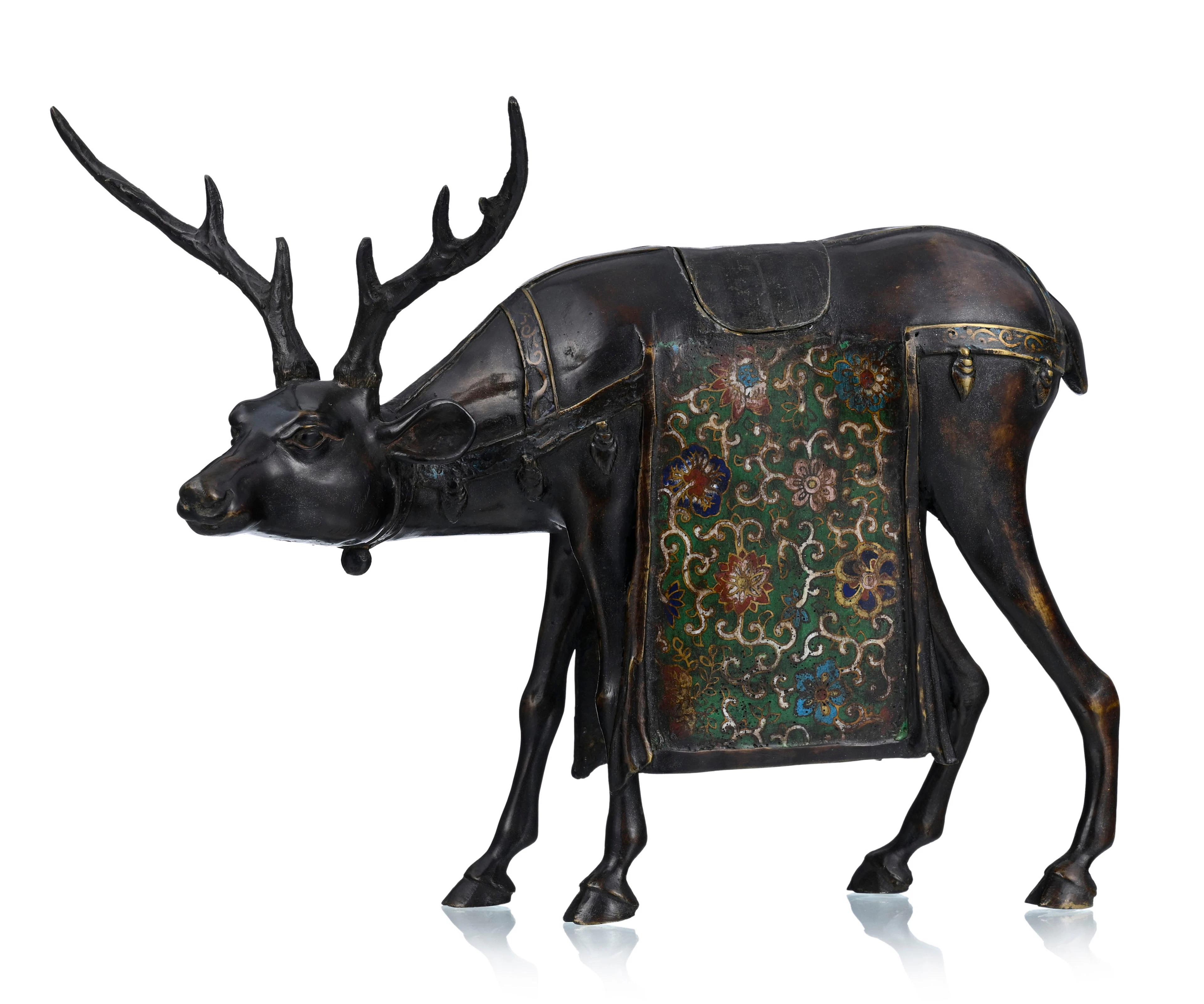 Brûle-parfum en bronze et émaux cloisonnés en forme de cerf, Japon