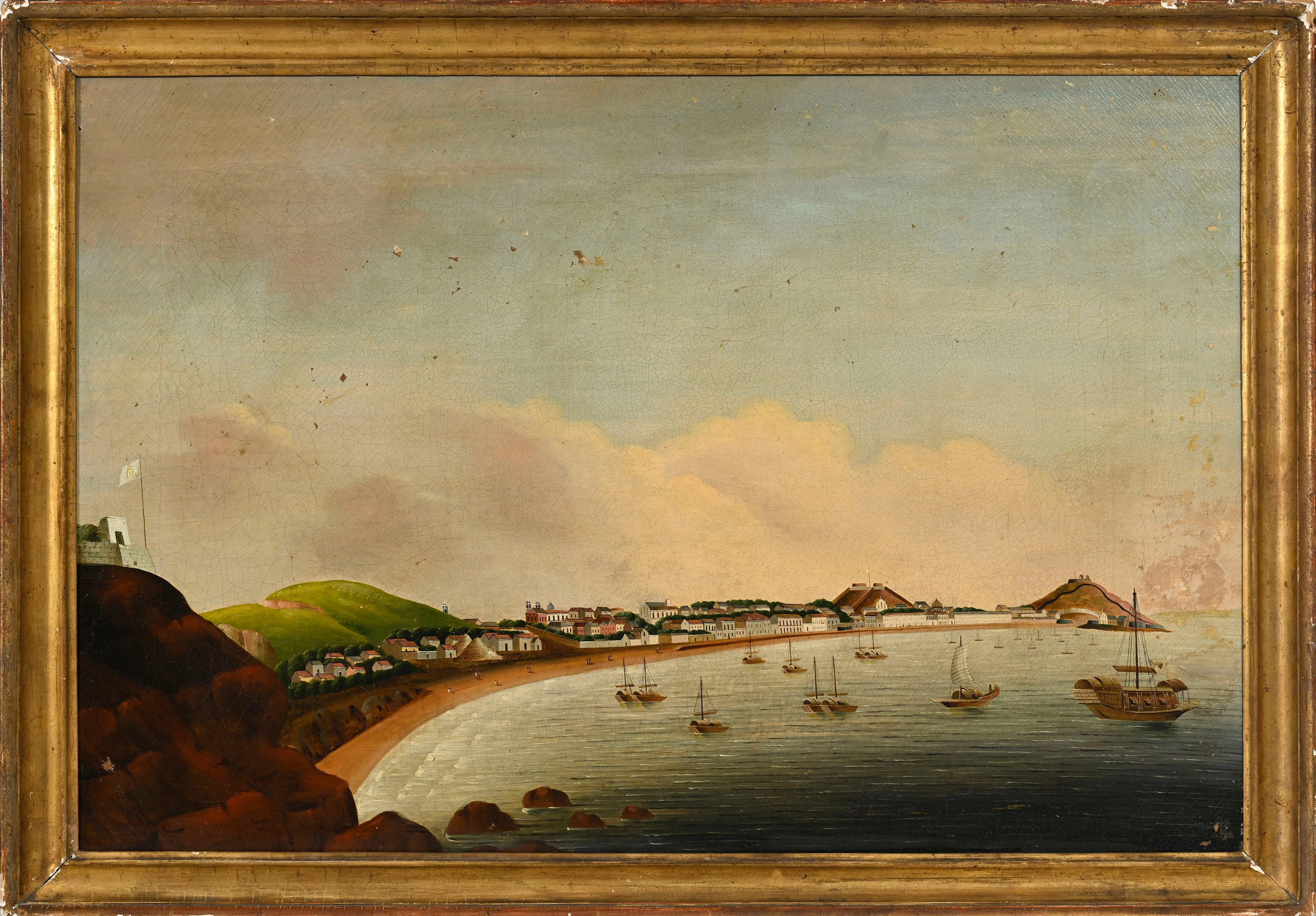 Ecole chinoise, vue de Macao avec diverses embarcations, huile sur