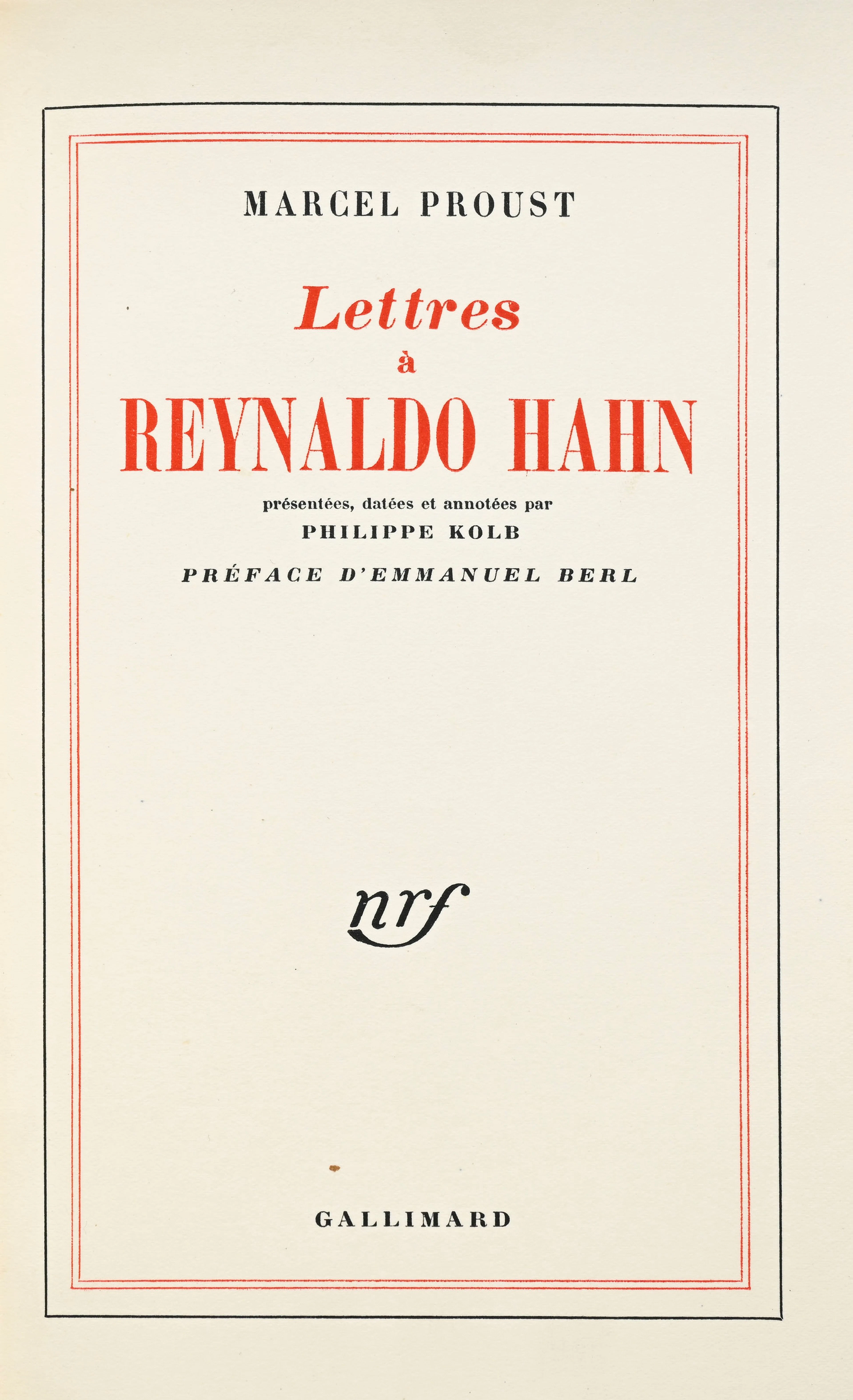 PROUST (Marcel). Lettres à Reynaldo Hahn. Paris, NRF, 1956. In-8°