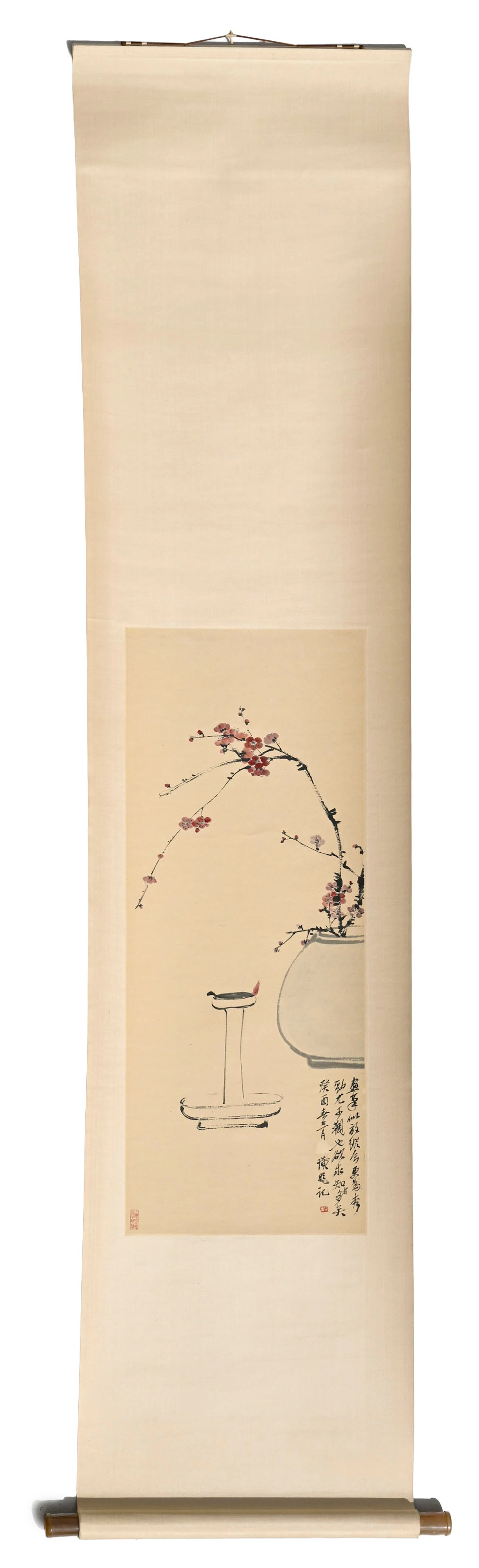 Vases et branches de cerisiers, peinture sur papier, XXe s., portant
