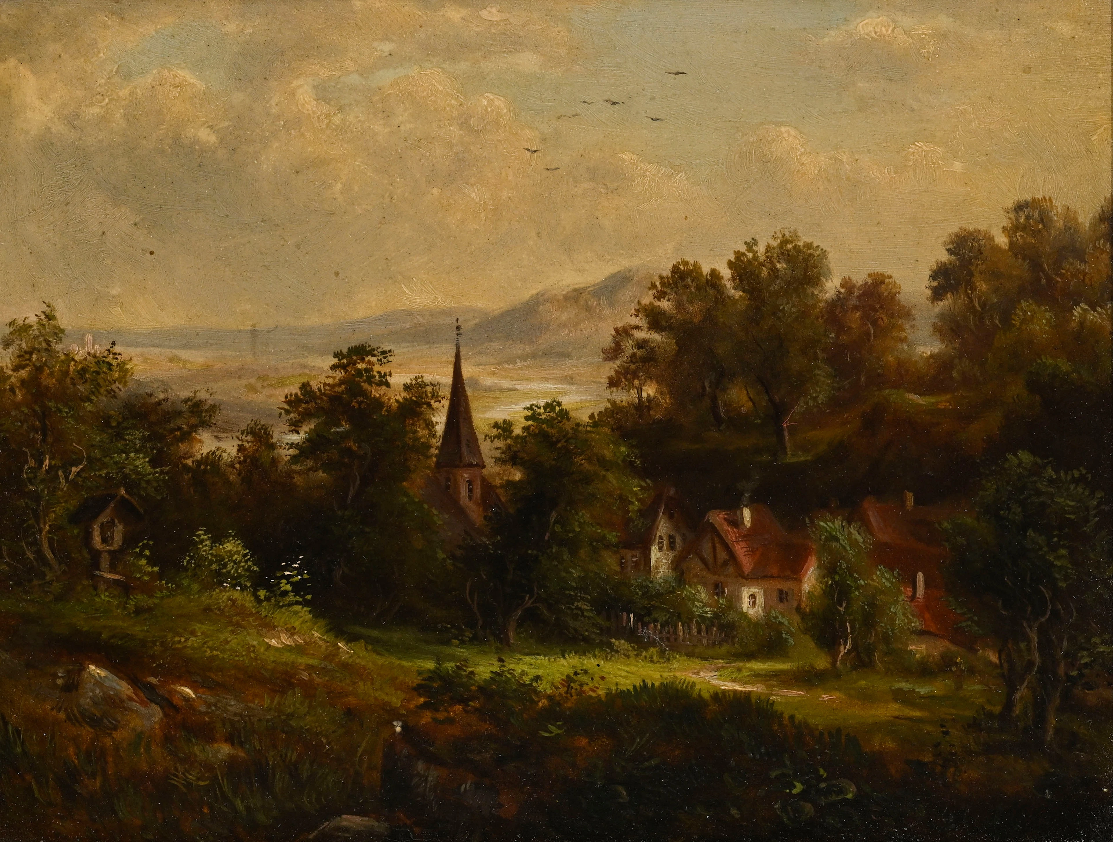 Ecole germanique du XIXe s., Vue d'un village, huile sur panneau