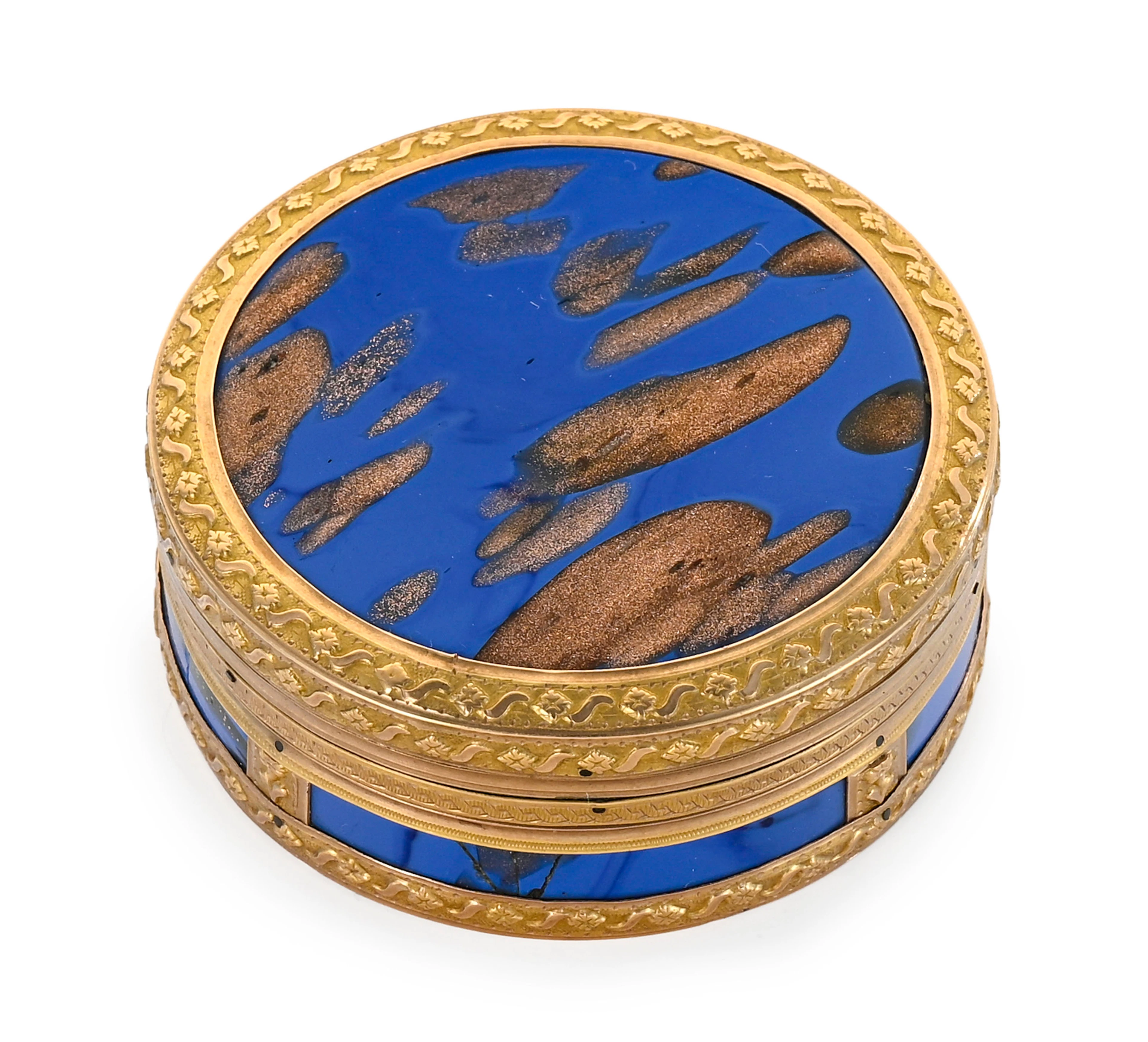 Bonbonnière en or 750 et verre aventuriné bleu et marron scintillant