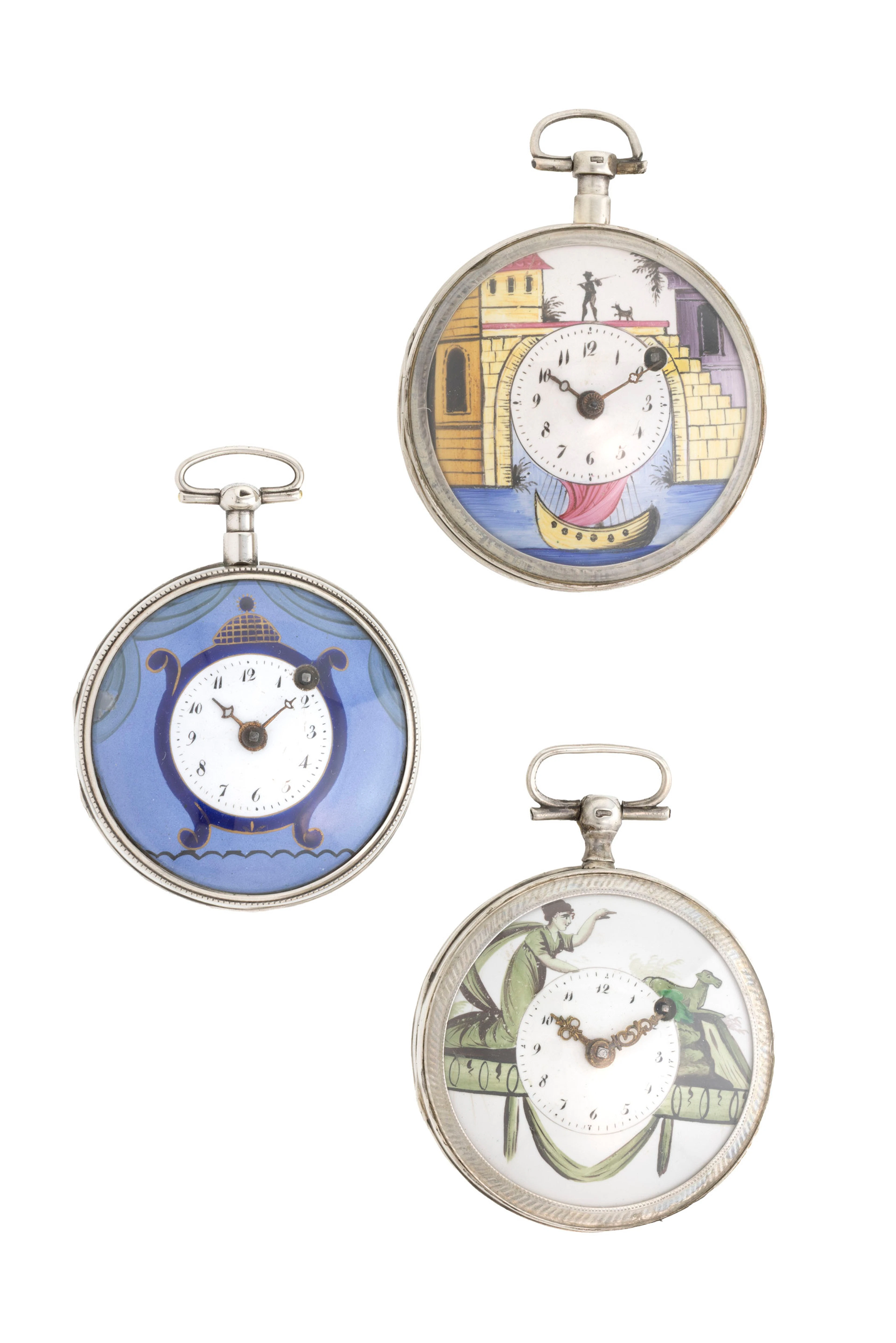 Lot de 3 montres de poche à coq en argent avec les cadrans ornés de