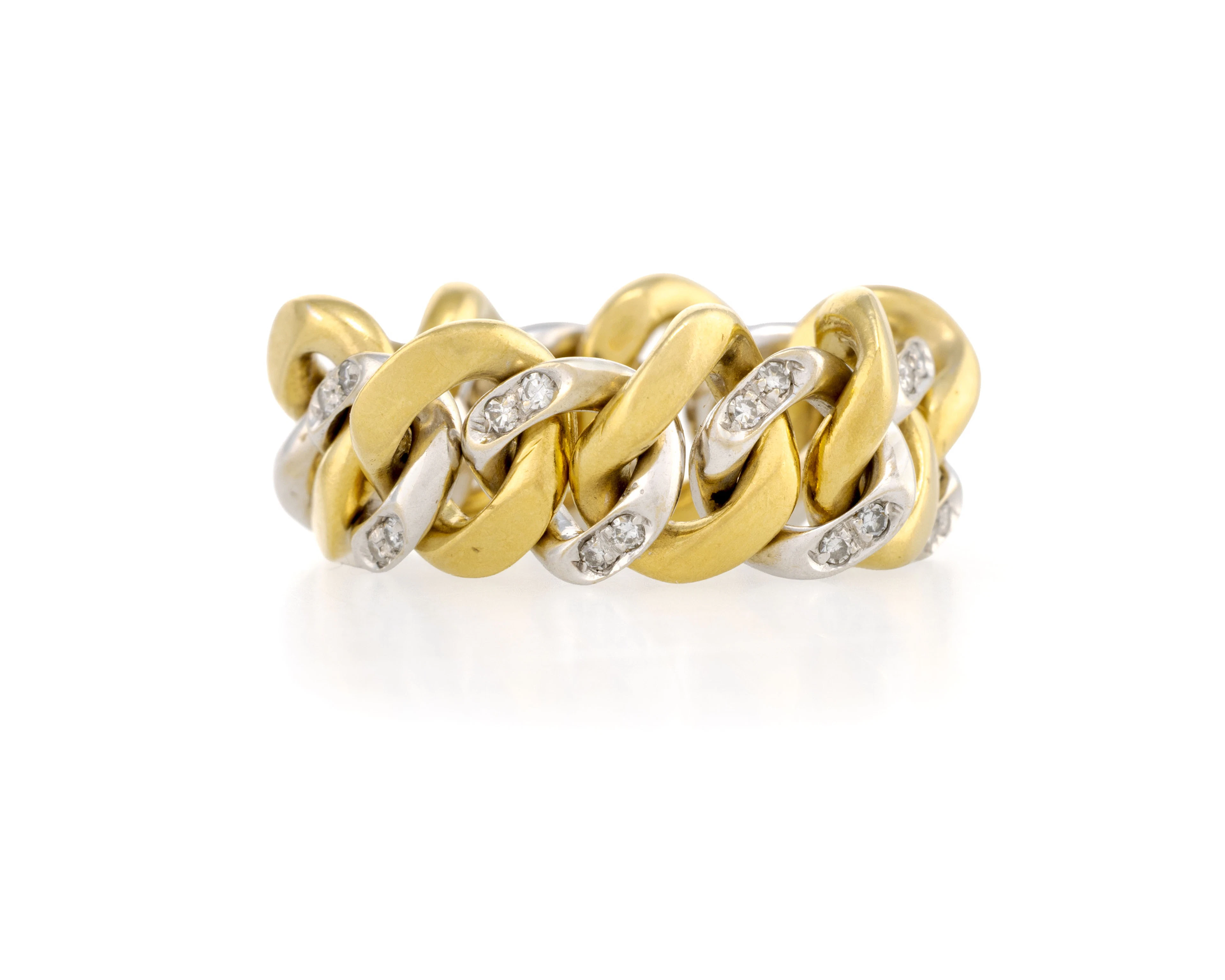 Pomellato, bague souple 2 ors 750 à maille gourmette sertie de diamants