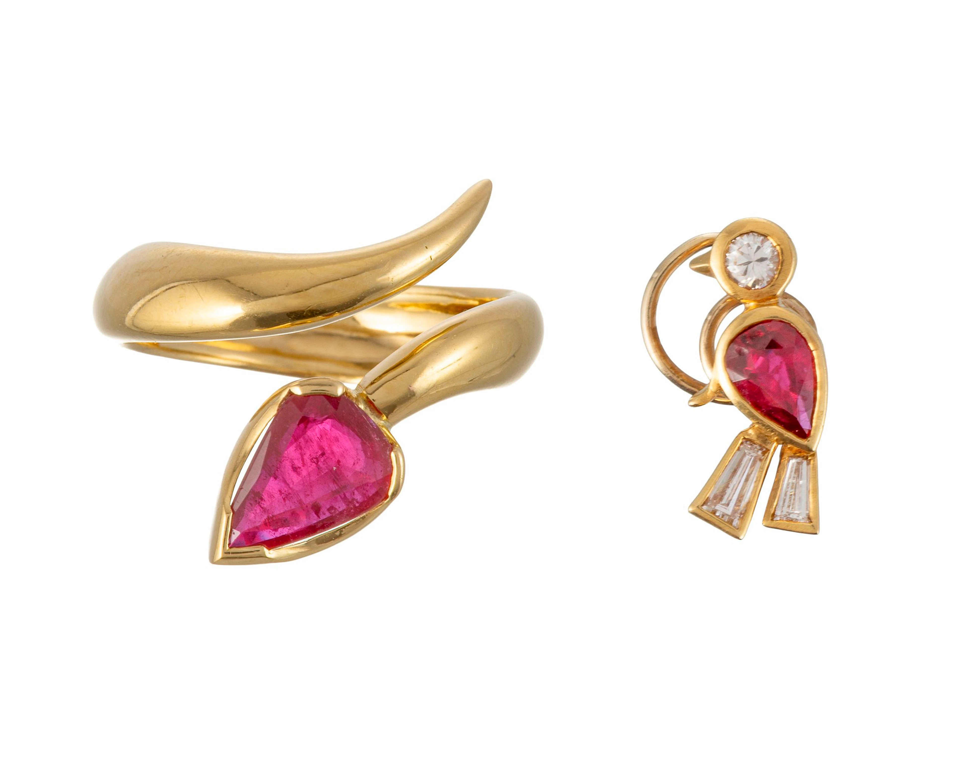 Lot composé d'une bague serpent et d'une broche oiseau or 750 ornées