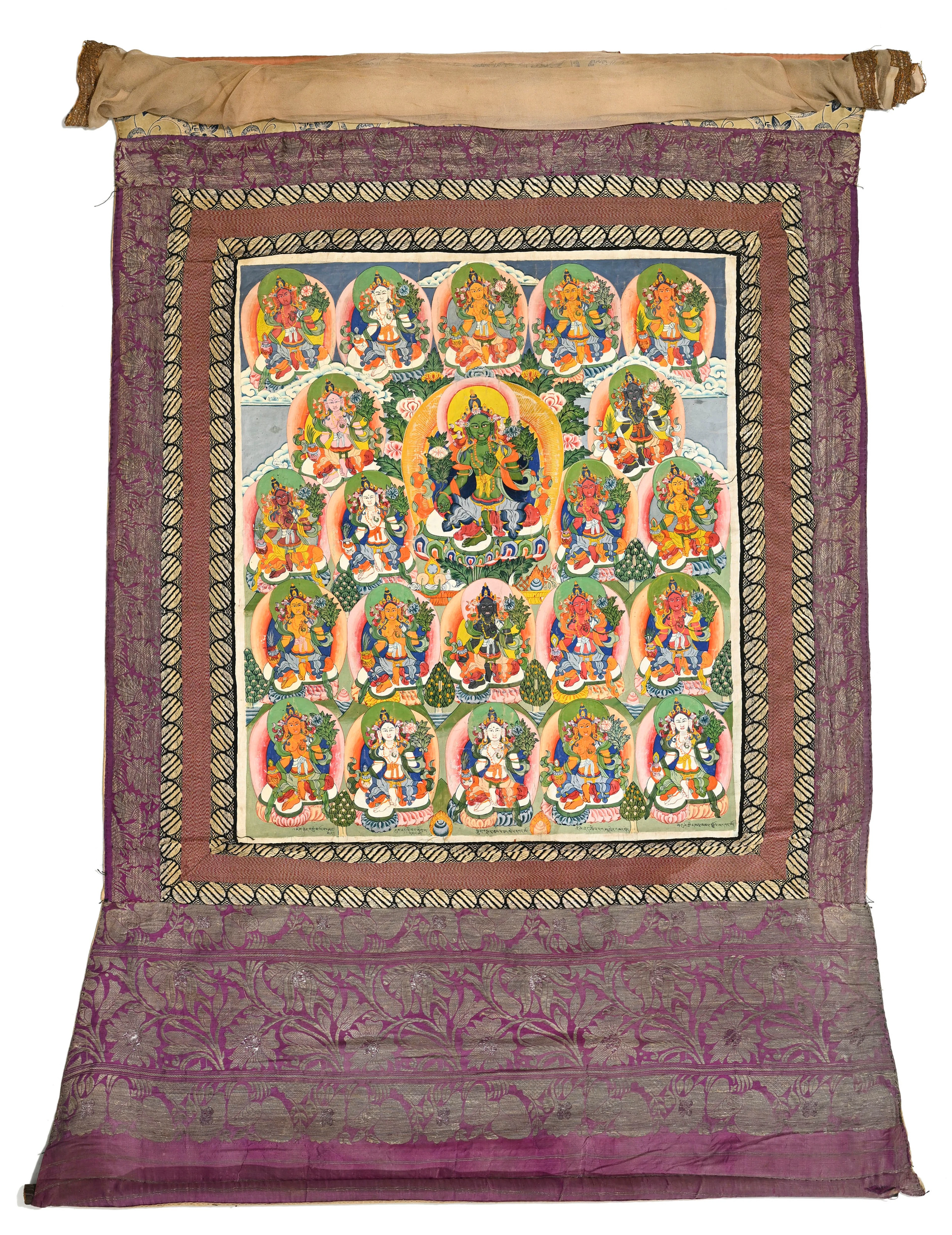 Thangka de Tara verte accompagnée des 21 Tara, Tibet, XXe s., assise