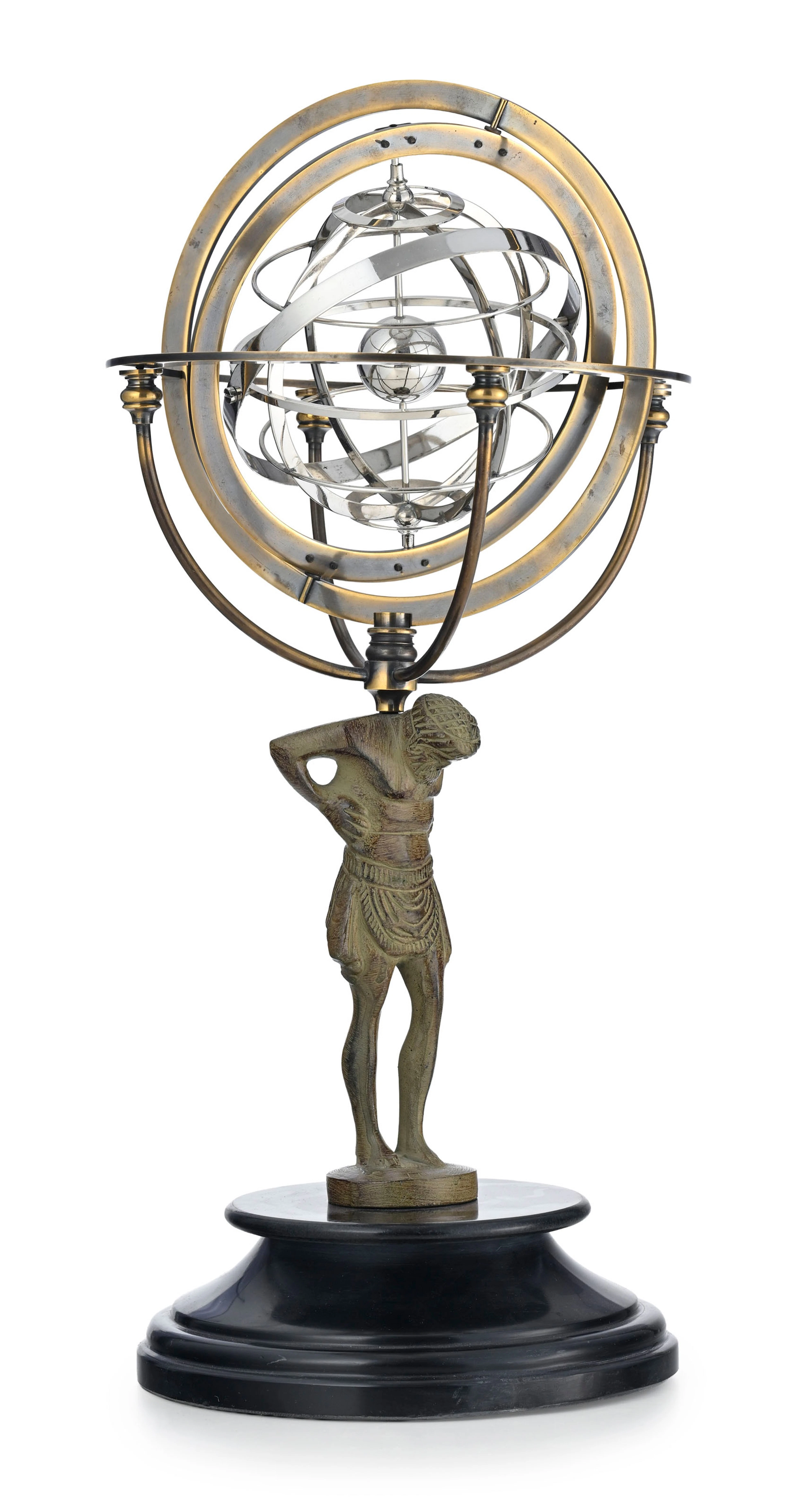 Sphère armillaire décorative montée sur un Atlas en bronze, XXe s.