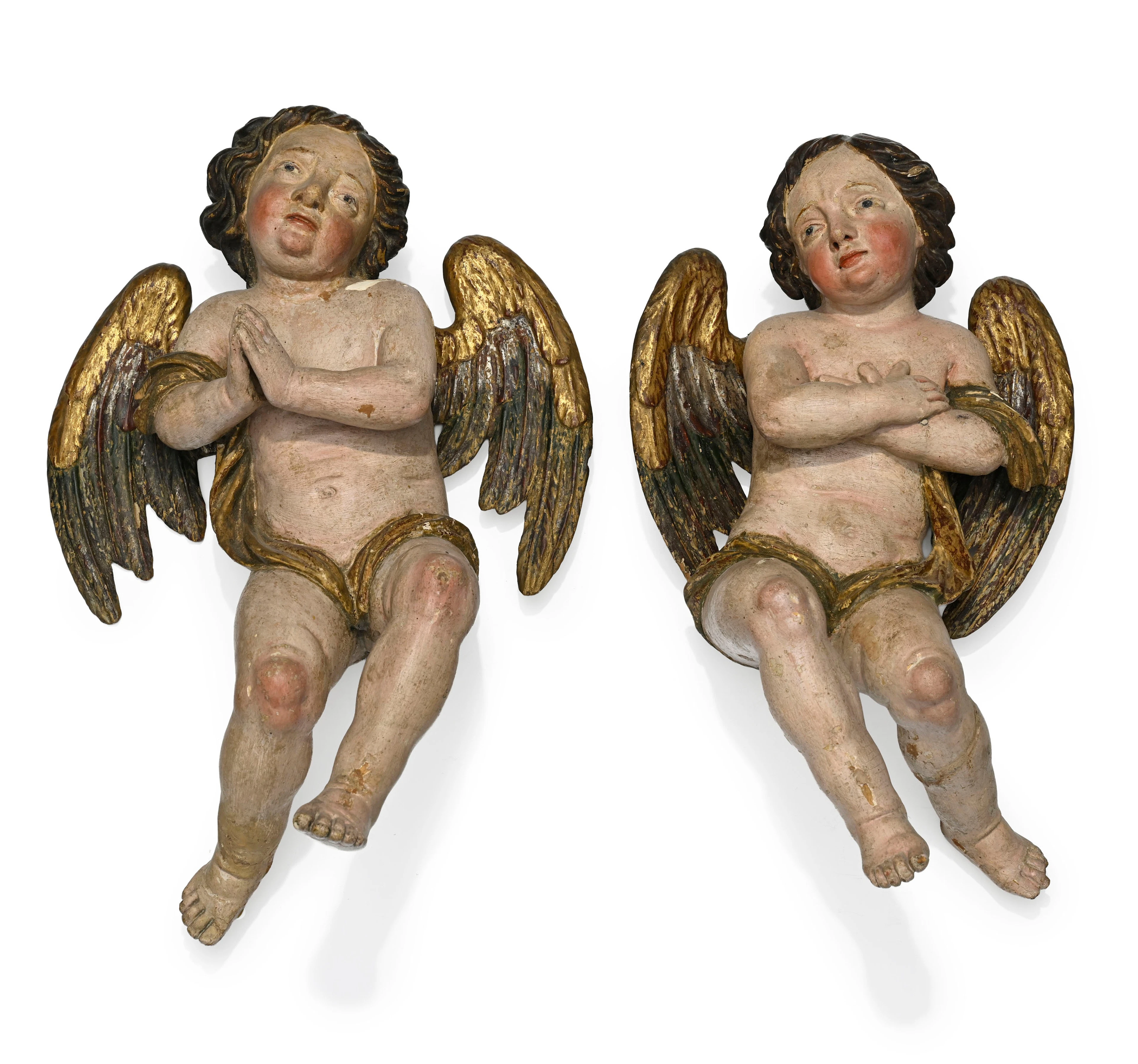 Paire d'angelots murales en bois sculpté polychrome, Autriche ou Bavaria