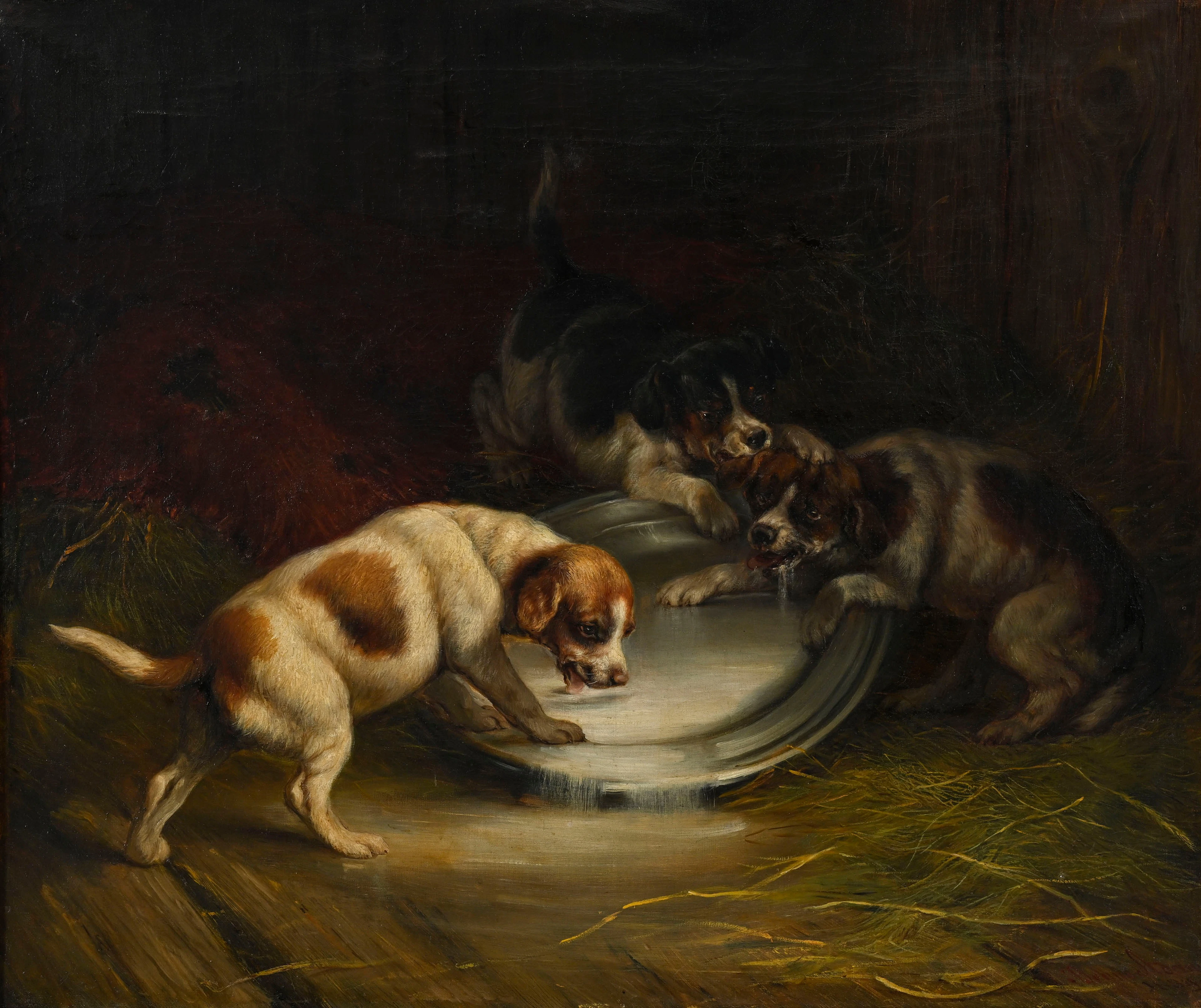 Joseph Denovan Adam (1842-1896), Trois chiens s'abreuvant, 1884, huile