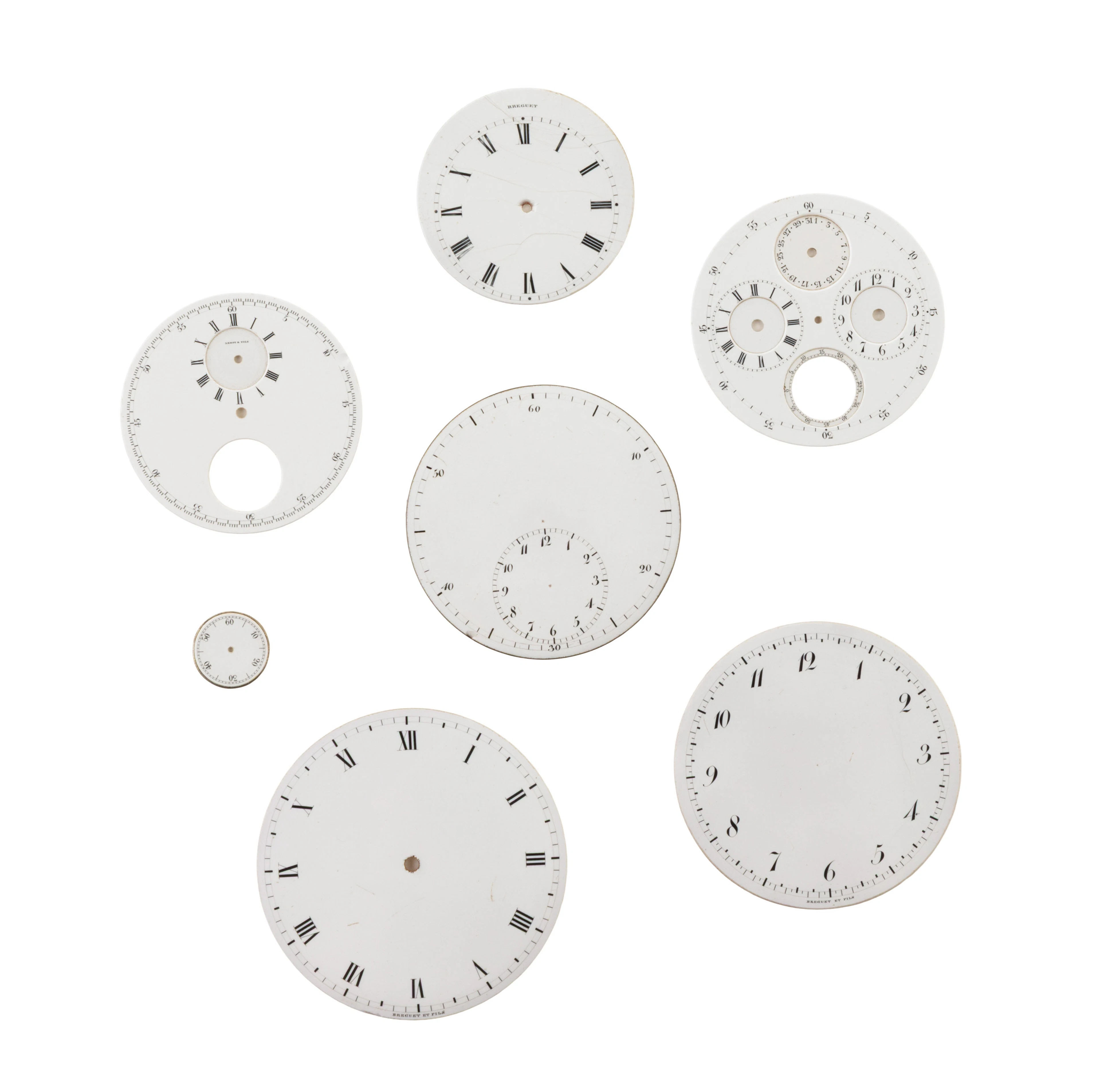Lot de 6 cadrans de montre de poche en émail blanc comprenant un Breguet