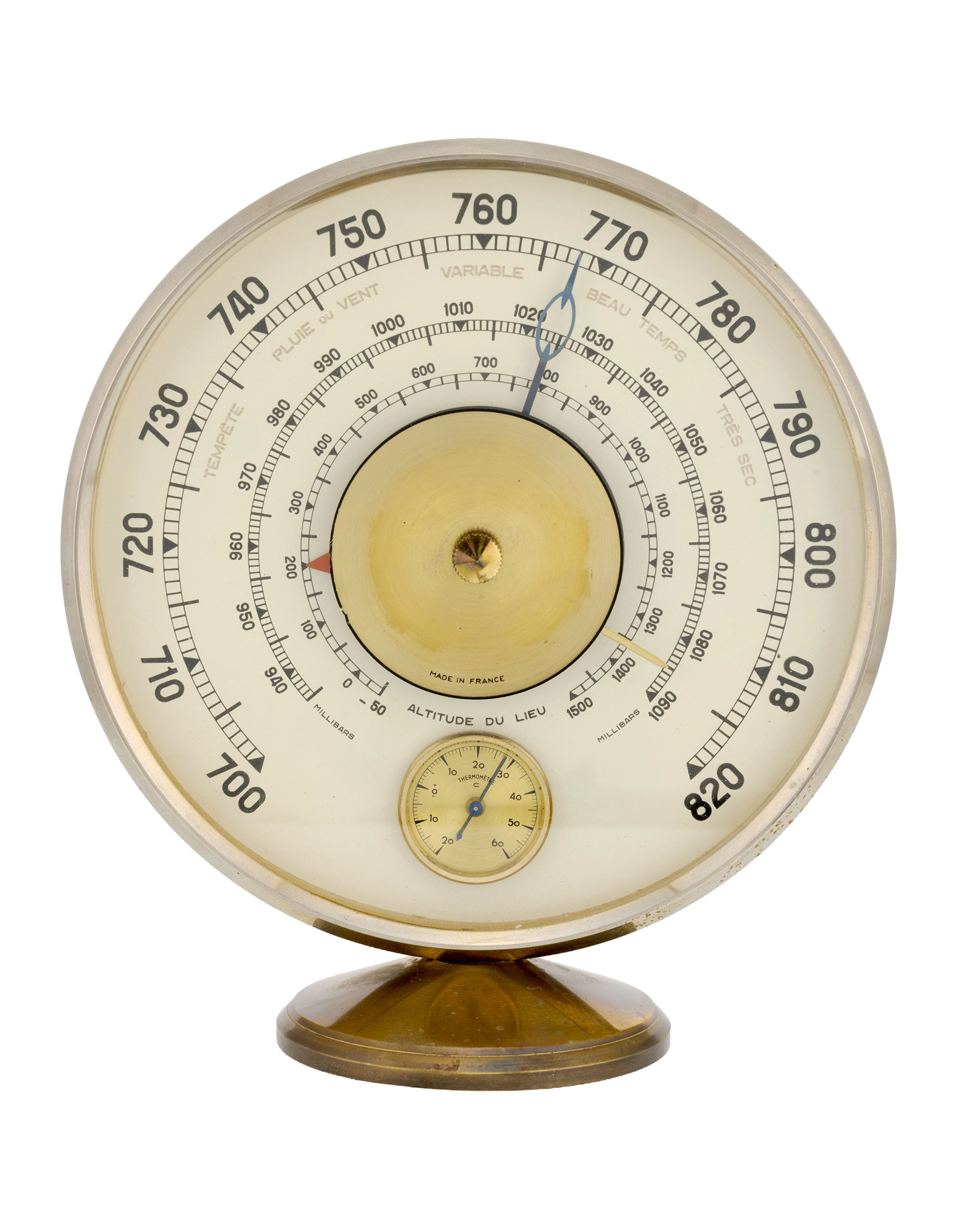 Jaeger-LeCoultre, baromètre en métal doré et acier années 1950 Boîtier: