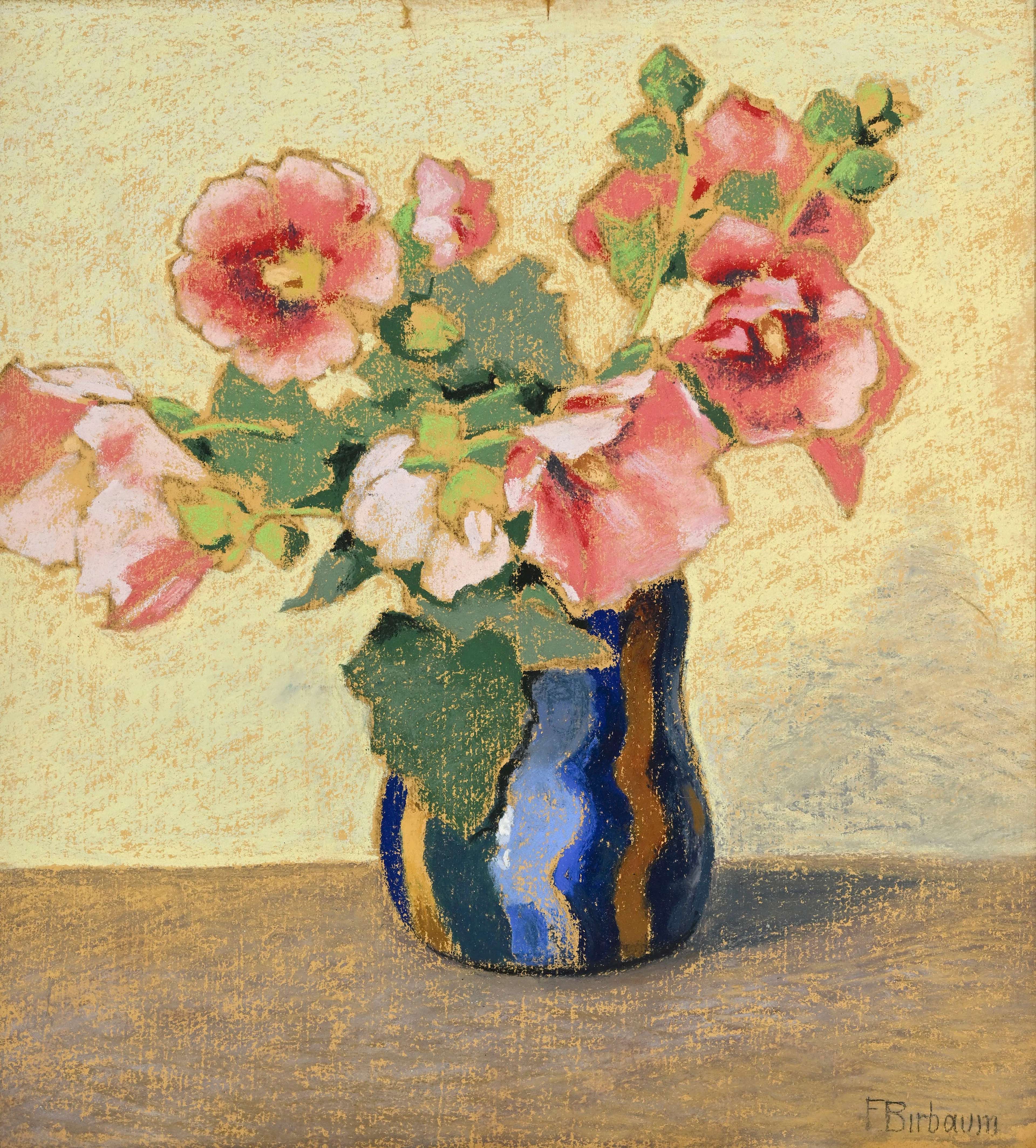 François Birbaum (1872-1947), Nature morte aux roses trémières, pastel