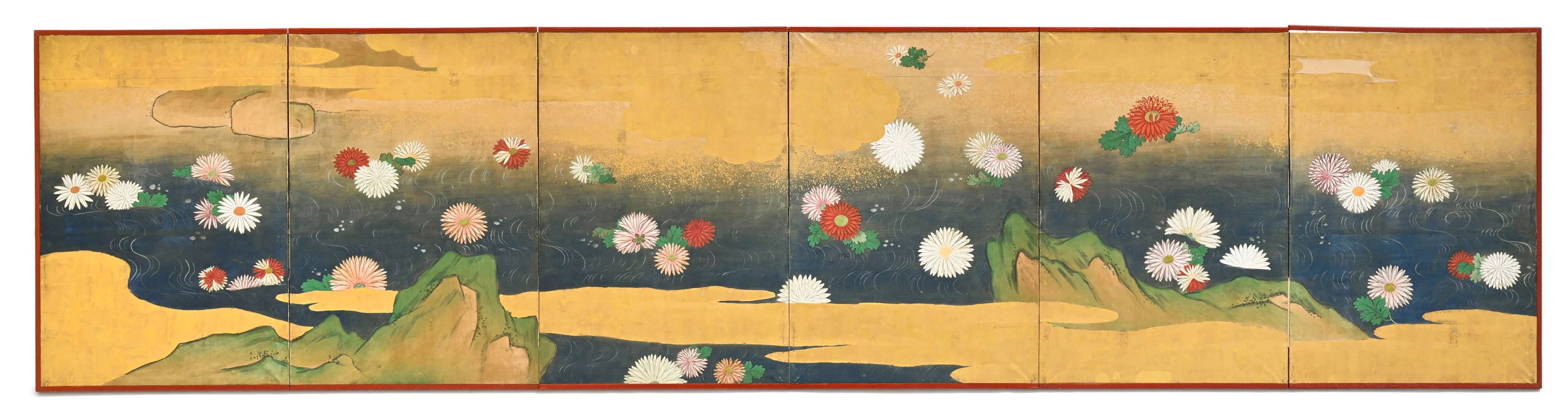 Rokkyoku byôbu (paravent à six feuilles), Japon, XXe s., orné de chrysanthèmes
